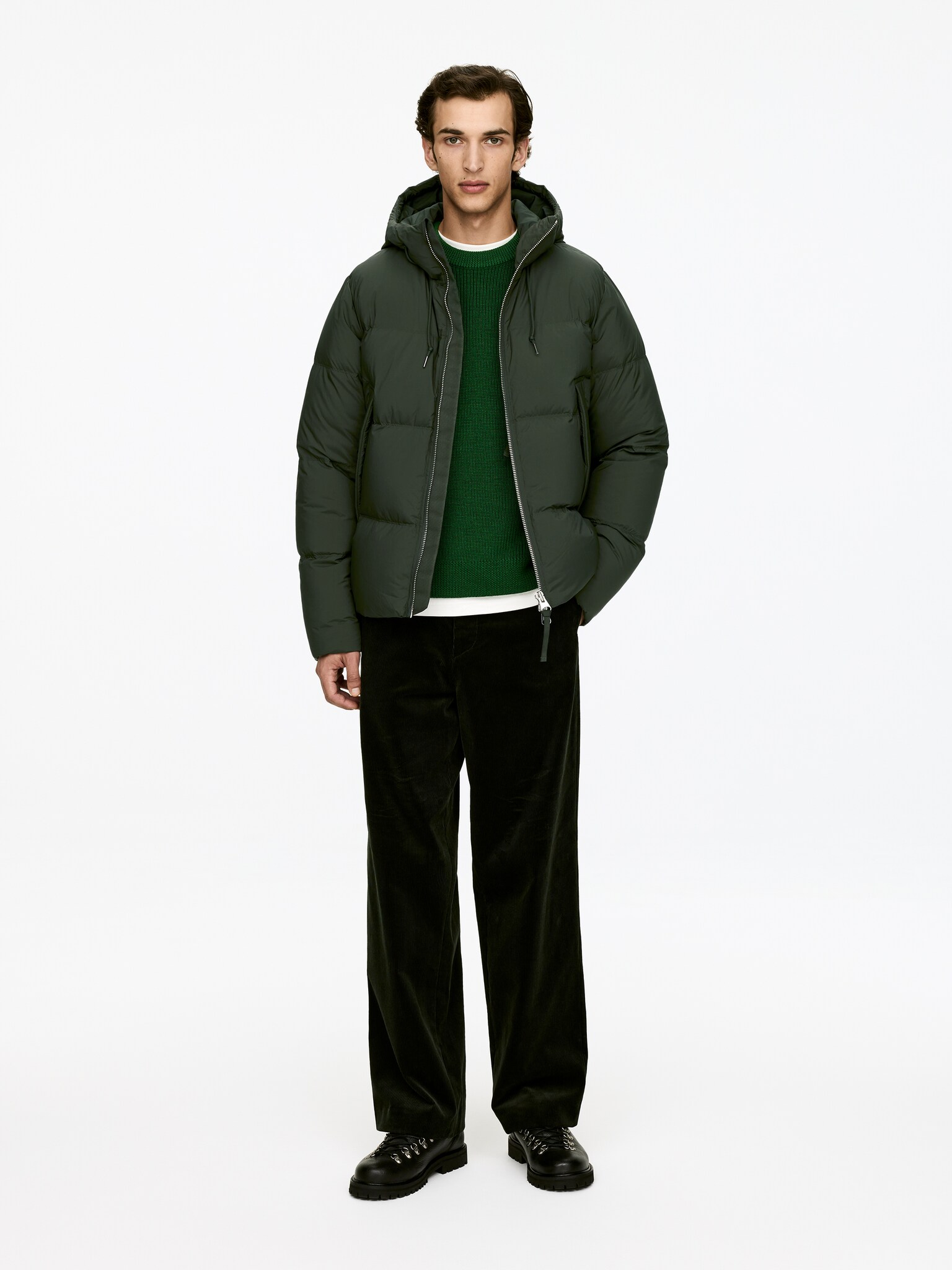 Upcycled Down Puffer Jacket - Dark Green/Black