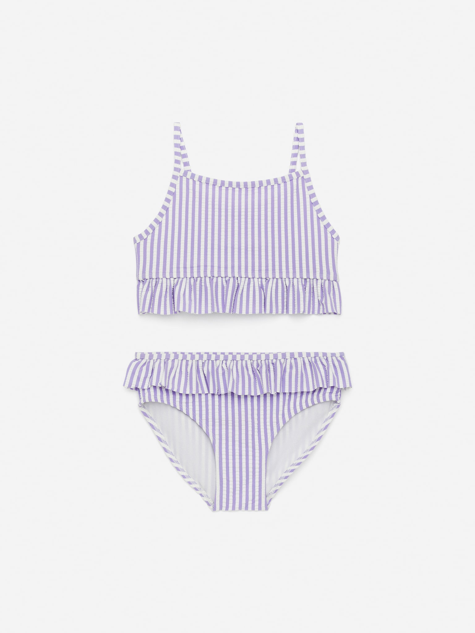 Seersucker-Bikini mit Rüschen - Flieder/weiß