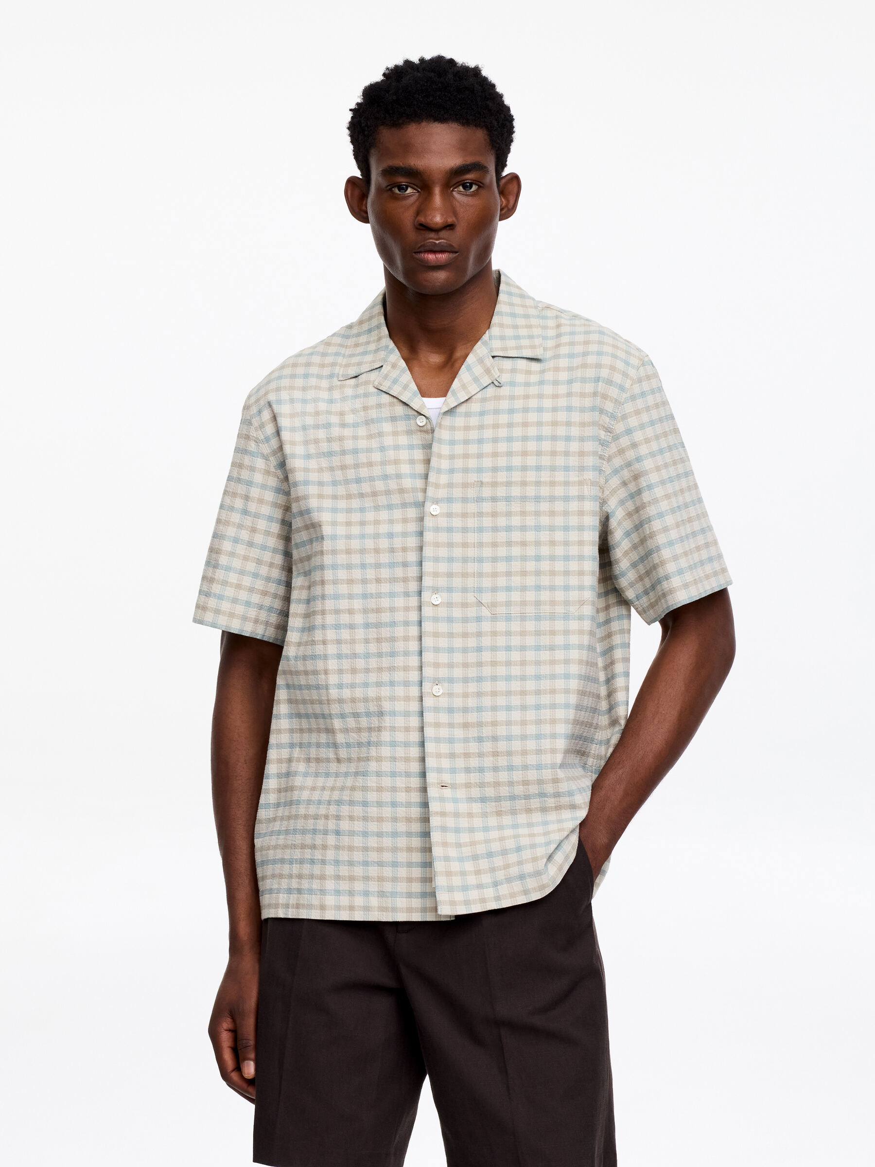 Chemise en seersucker à col cubain-#B3B9B4-19337