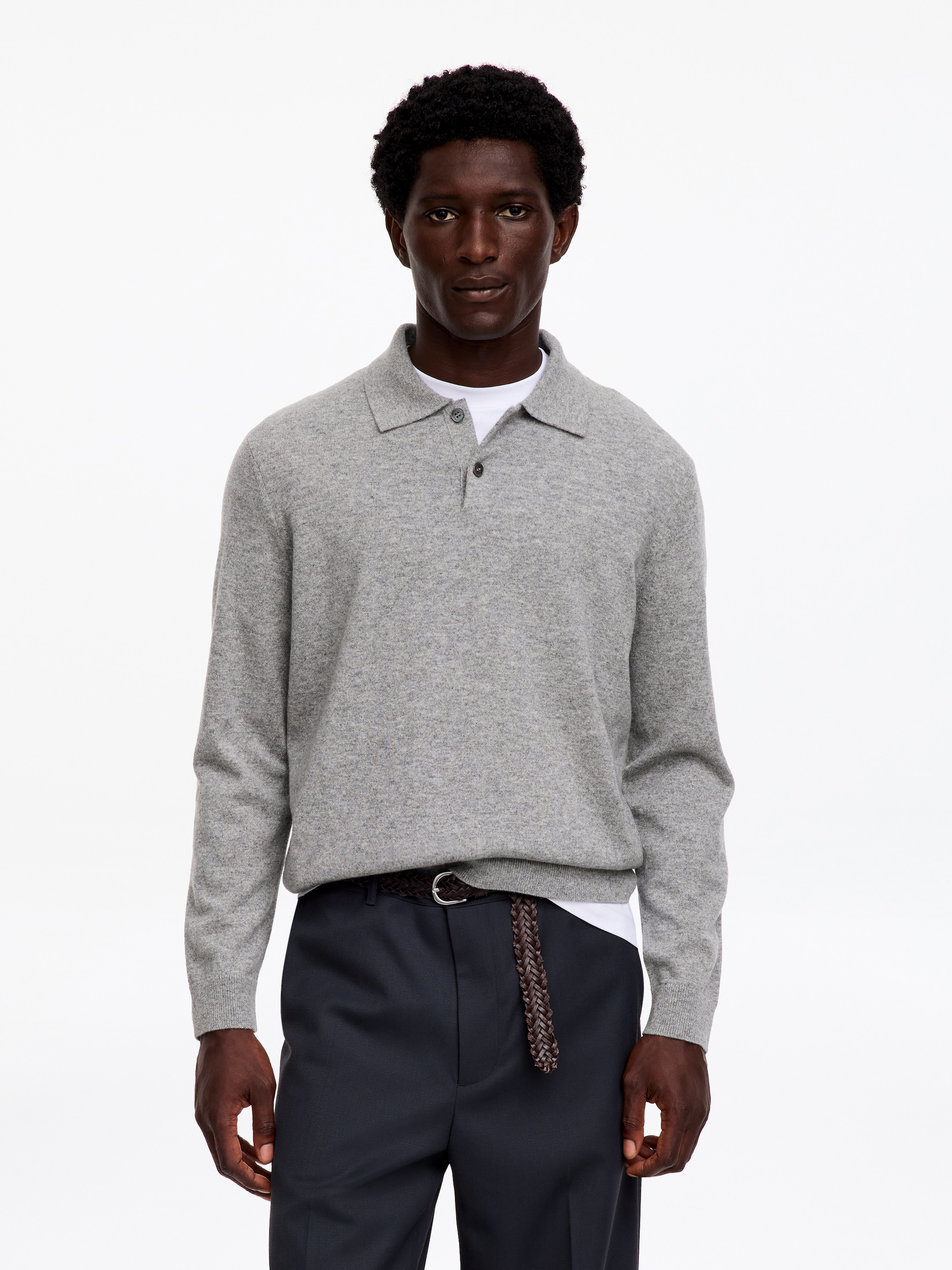 Strick-Poloshirt aus reinem Kaschmir-Grey-20025