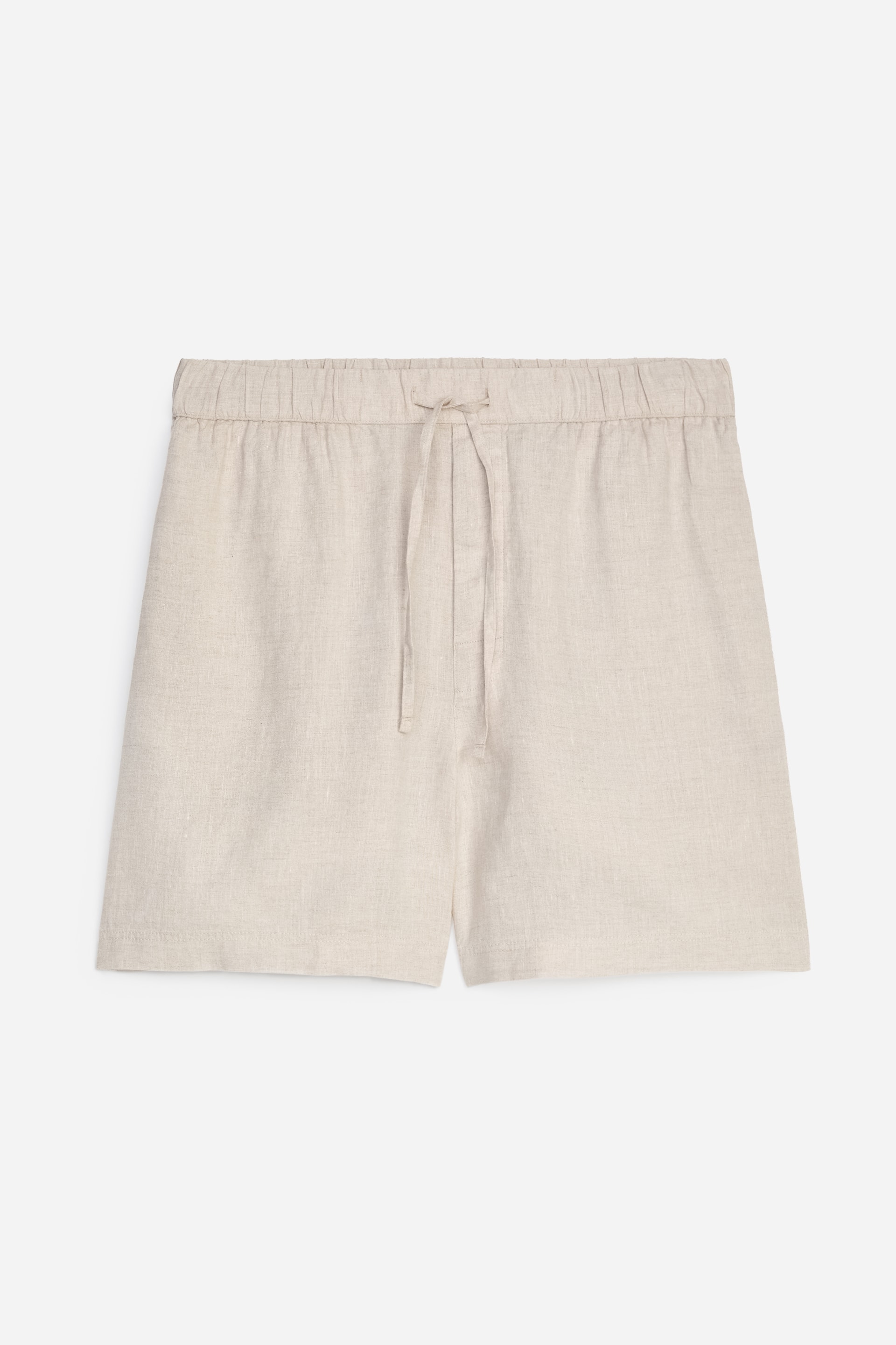 Grotere afbeelding bekijken: Licht beige linnen shorts worden van voren gezien, met een normale pasvorm, een elastische tailleband met een vastgebonden trekkoord, en subtiele zijnaadzakken.