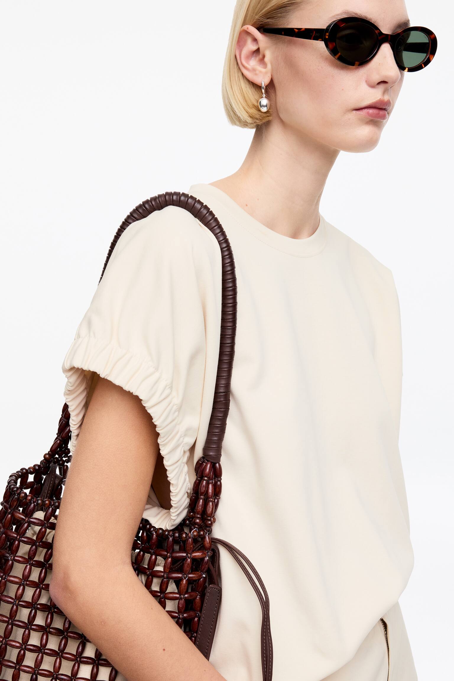 Ráncolt ujjú póló-Bézs - 3