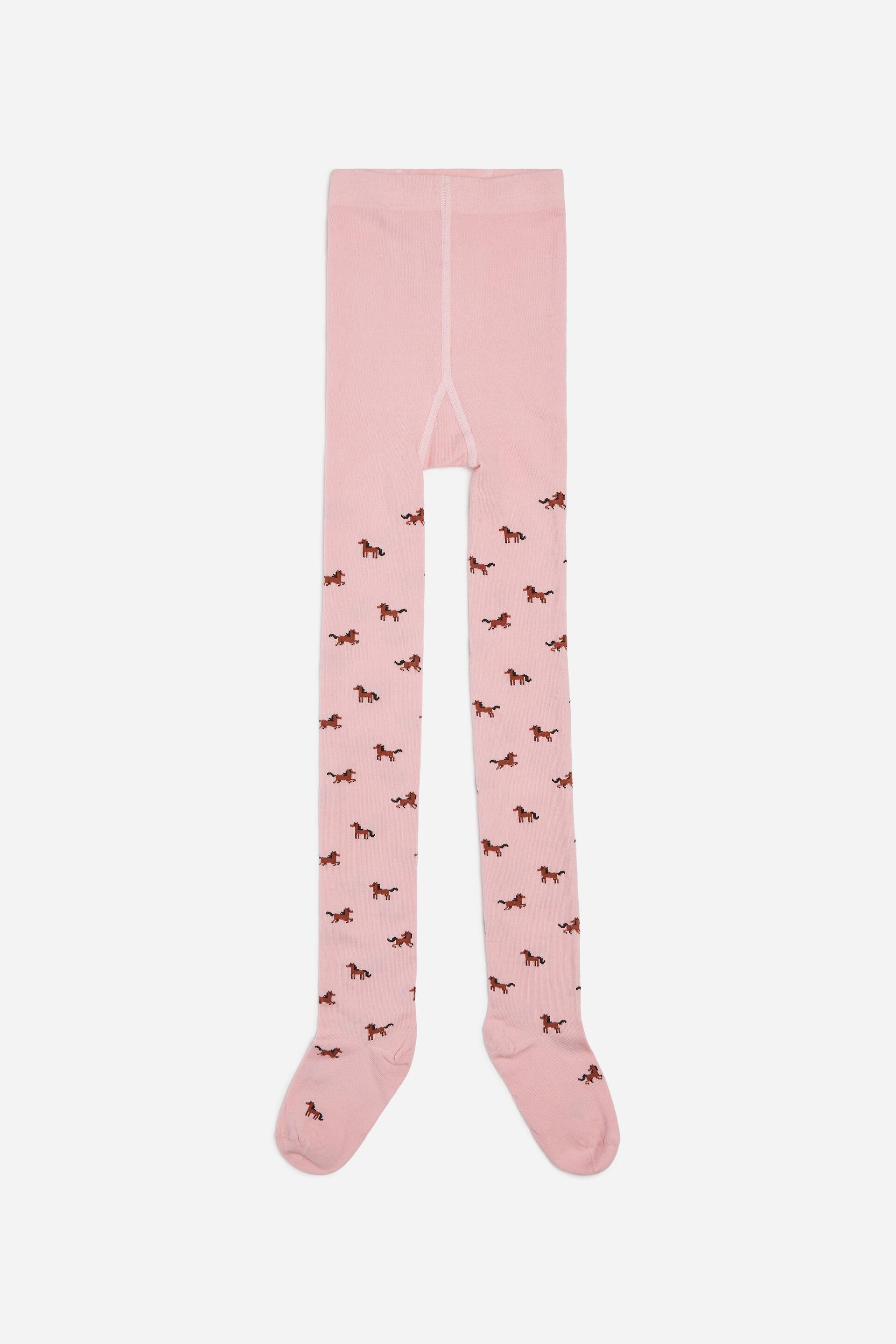 View larger image: A front view of light pink cotton-blend tights featuring an all-over pattern of small brown horses, with a wide elastic waistband and shaped feet.
