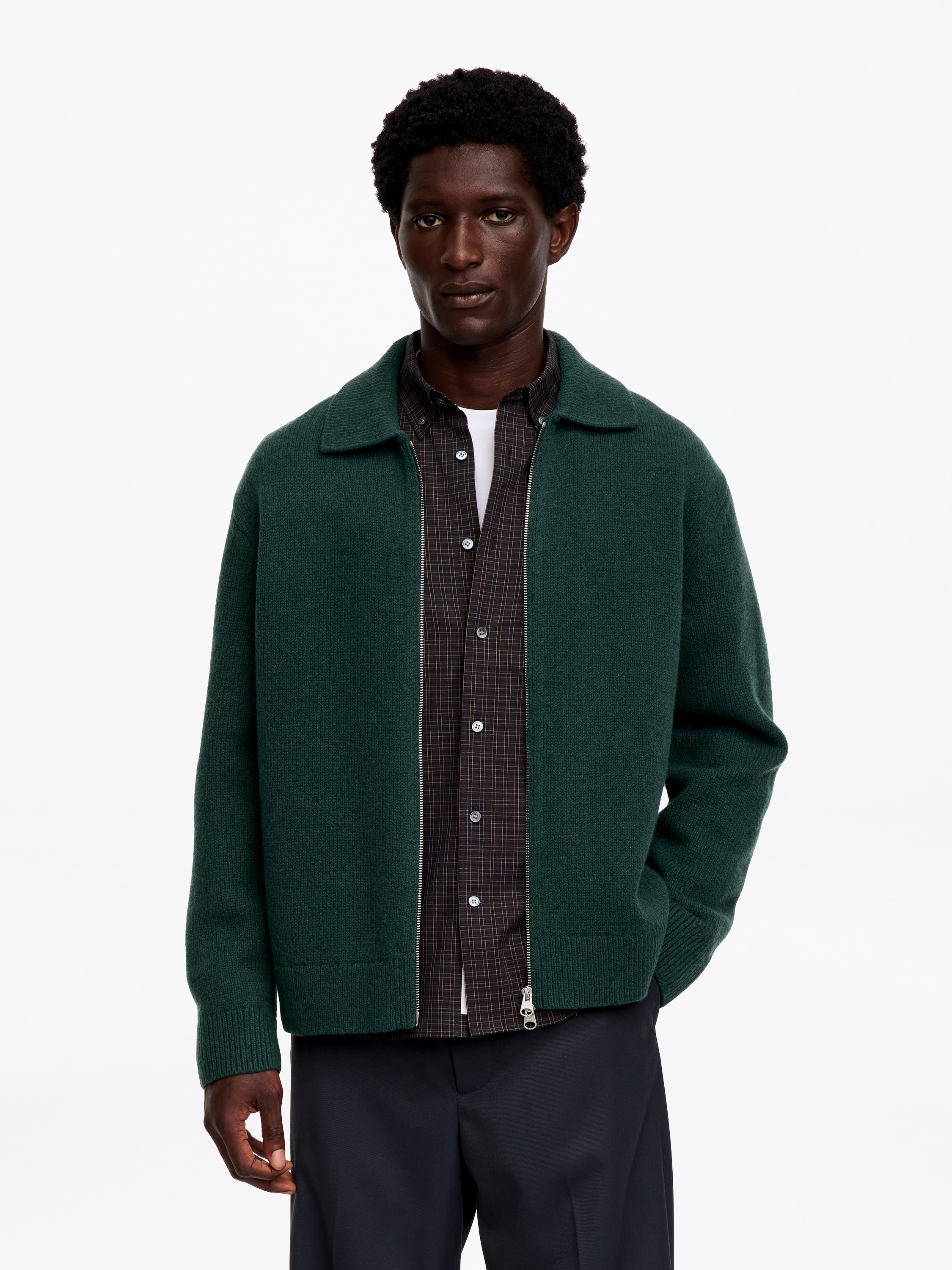 Cardigan in lana con cerniera - Verde bosco/Beige