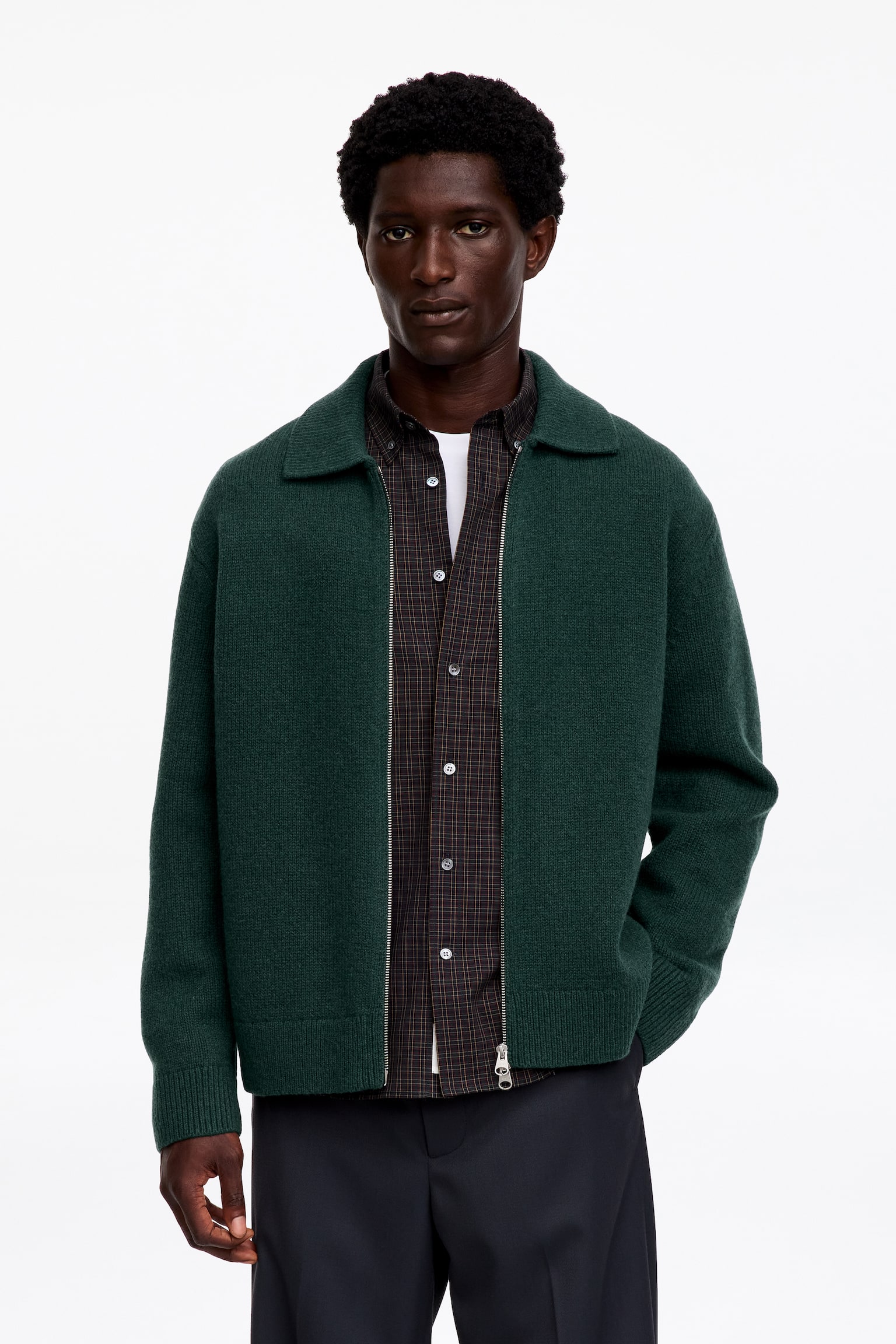 Cardigan Cu Fermoar Din Lână - Verde Pădure/Bej - 1