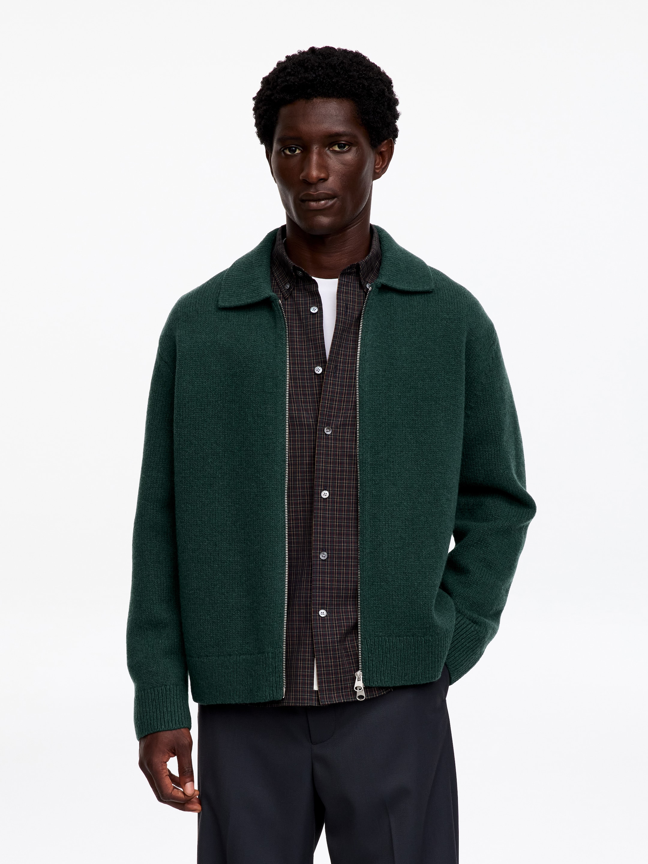 Zip Wool Cardigan-Green-20365