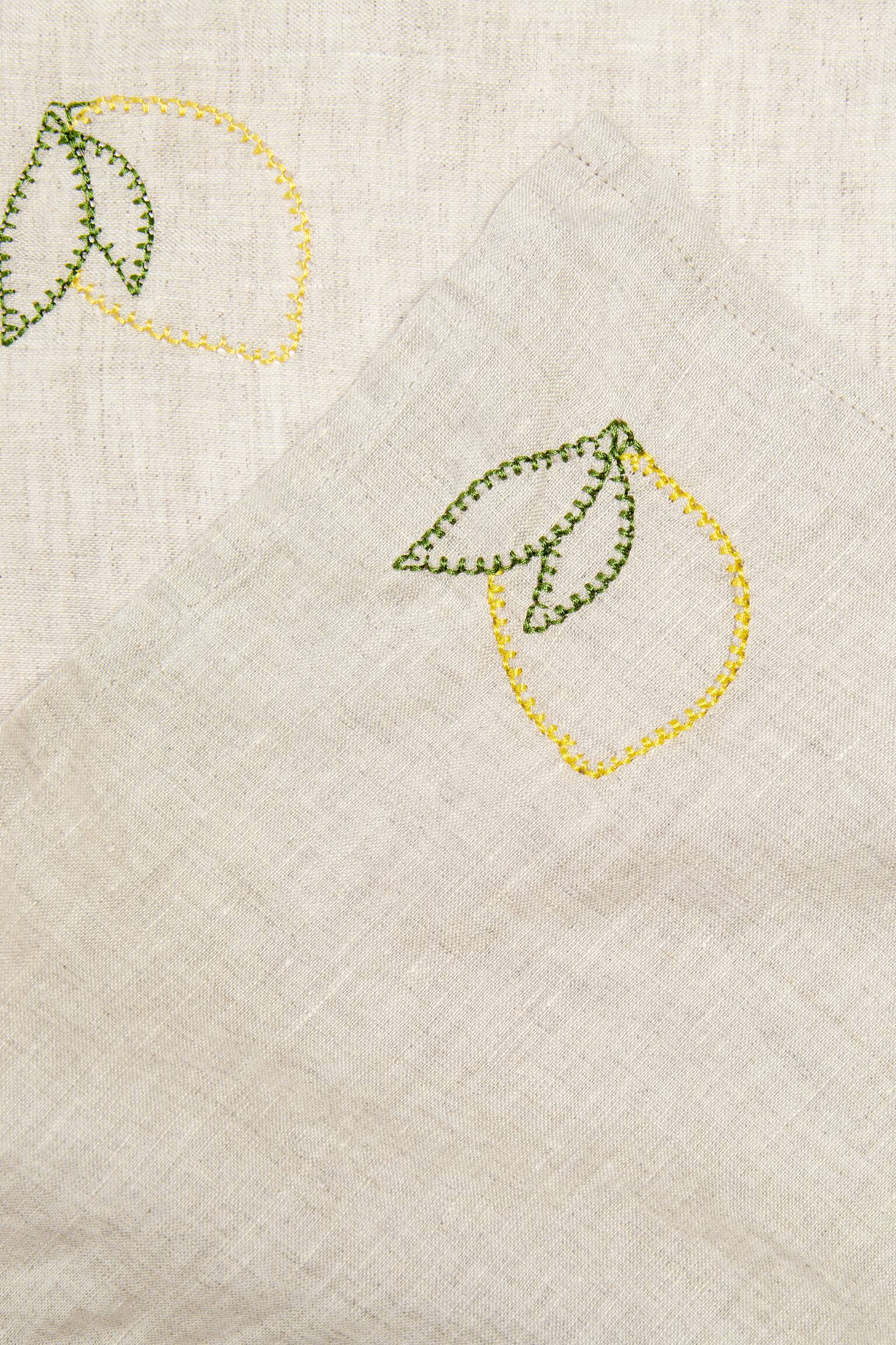 Σετ 2 λινών πετσετών με κέντημα - Μπεζ/Λεμόνια/Μπεζ/Ψάρια - 2