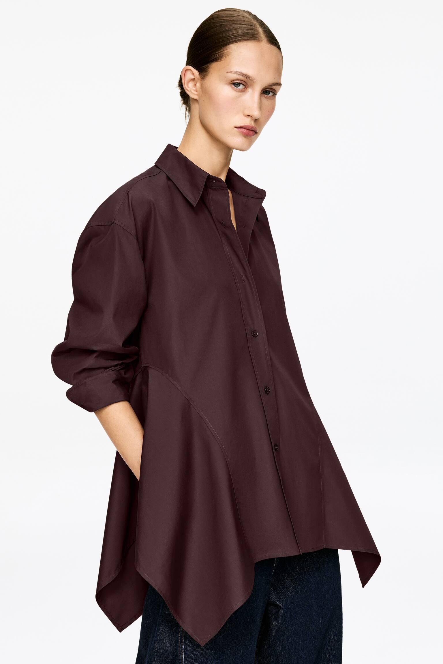 Cămașă din bumbac cu volane - Maro închis - 4