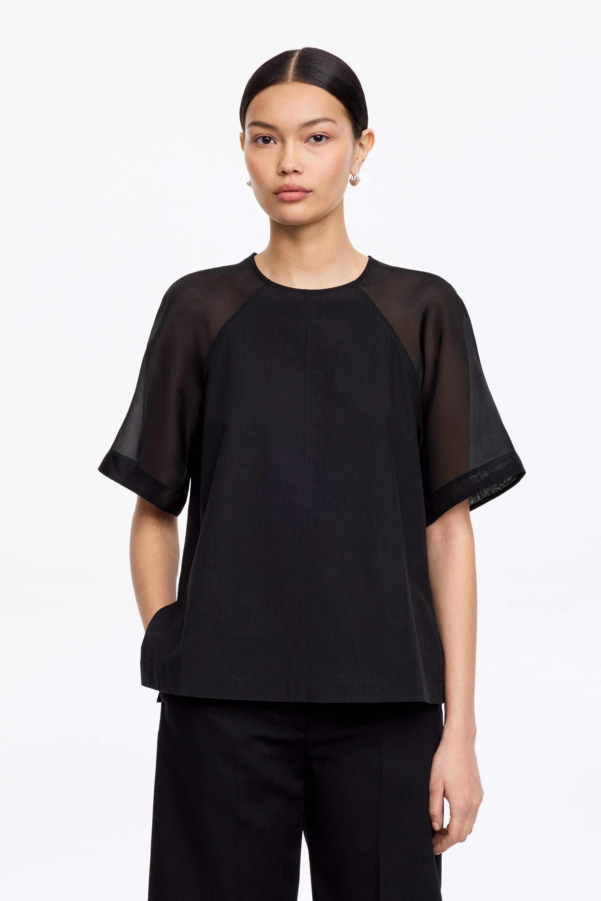 Se større billede: En sort top med rund halsudskæring og korte raglanærmer. Ærmerne er lavet af et gennemsigtigt stof, der står i kontrast til den uigennemsigtige krop, og en central lodret søm pryder fronten.
