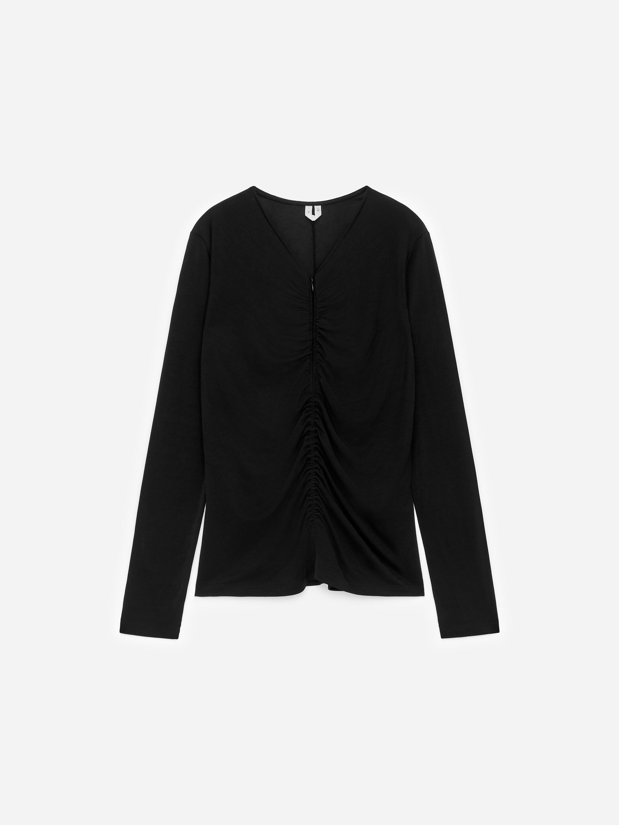 View larger image: A black long-sleeved top is featuring a V-neckline and prominent ruching down the center front, extending from the neckline to the hem.