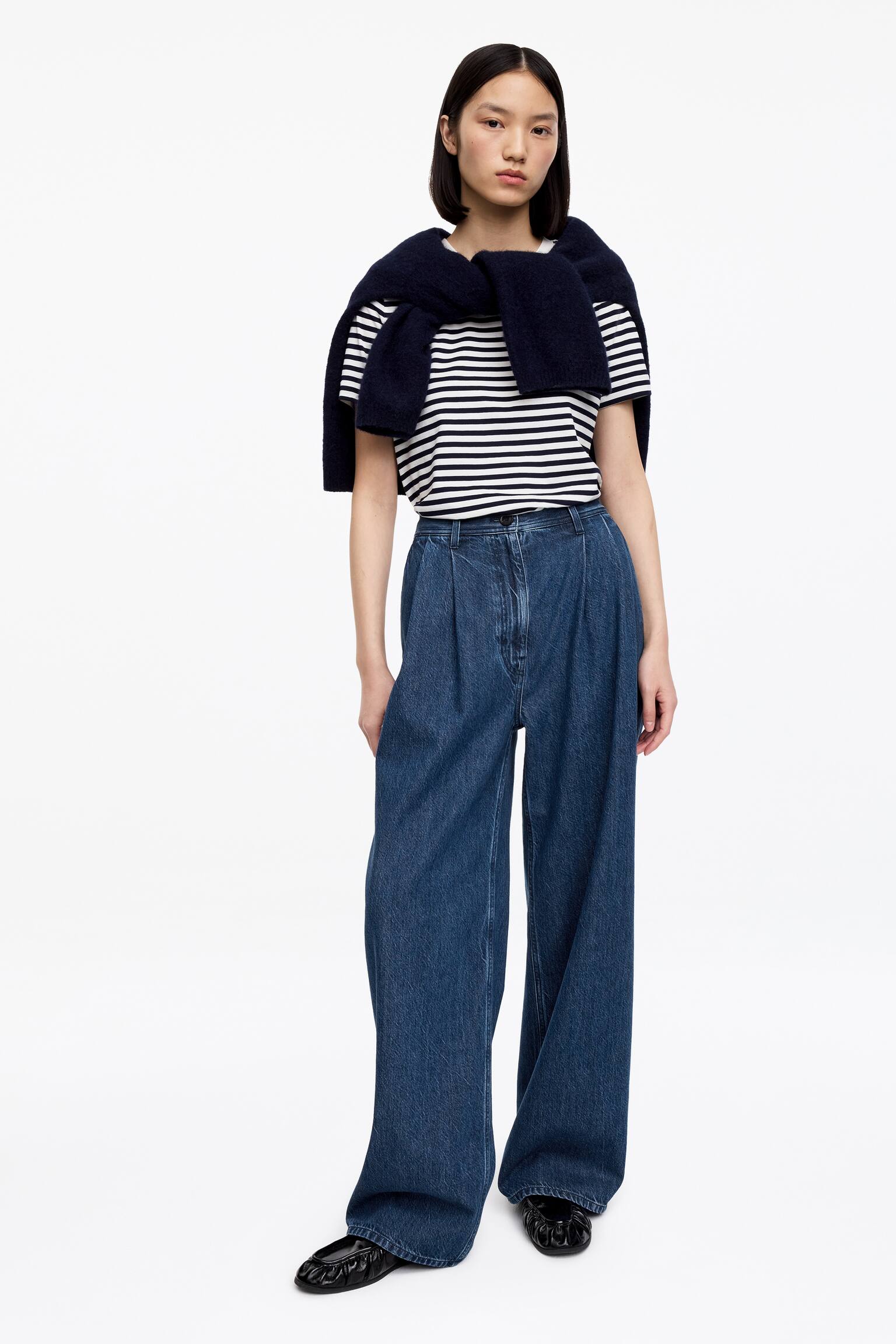 Calças de ganga largas com pregas - Azul - 4