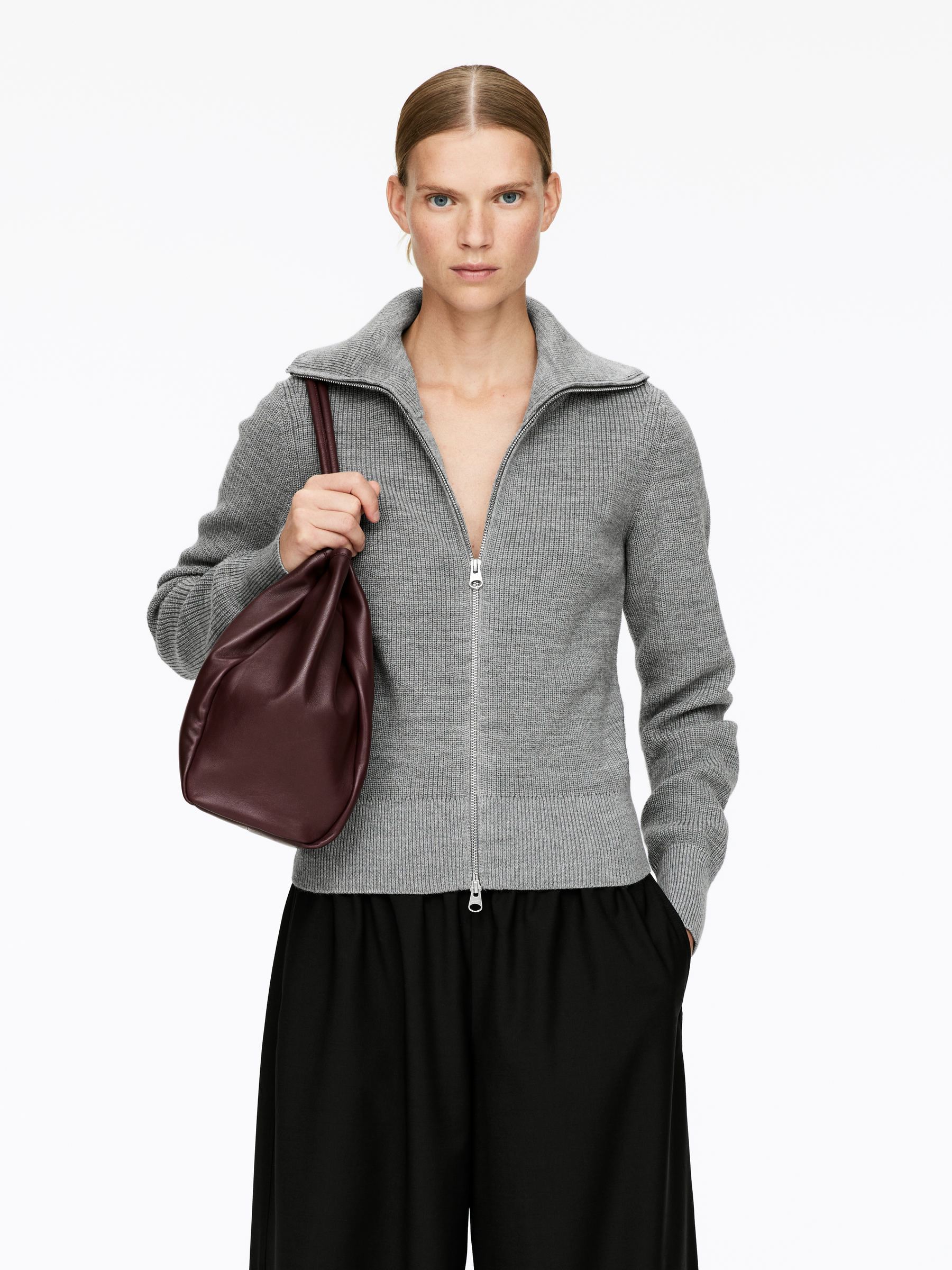 Wool Cotton Zip Cardigan-#666B75-16476