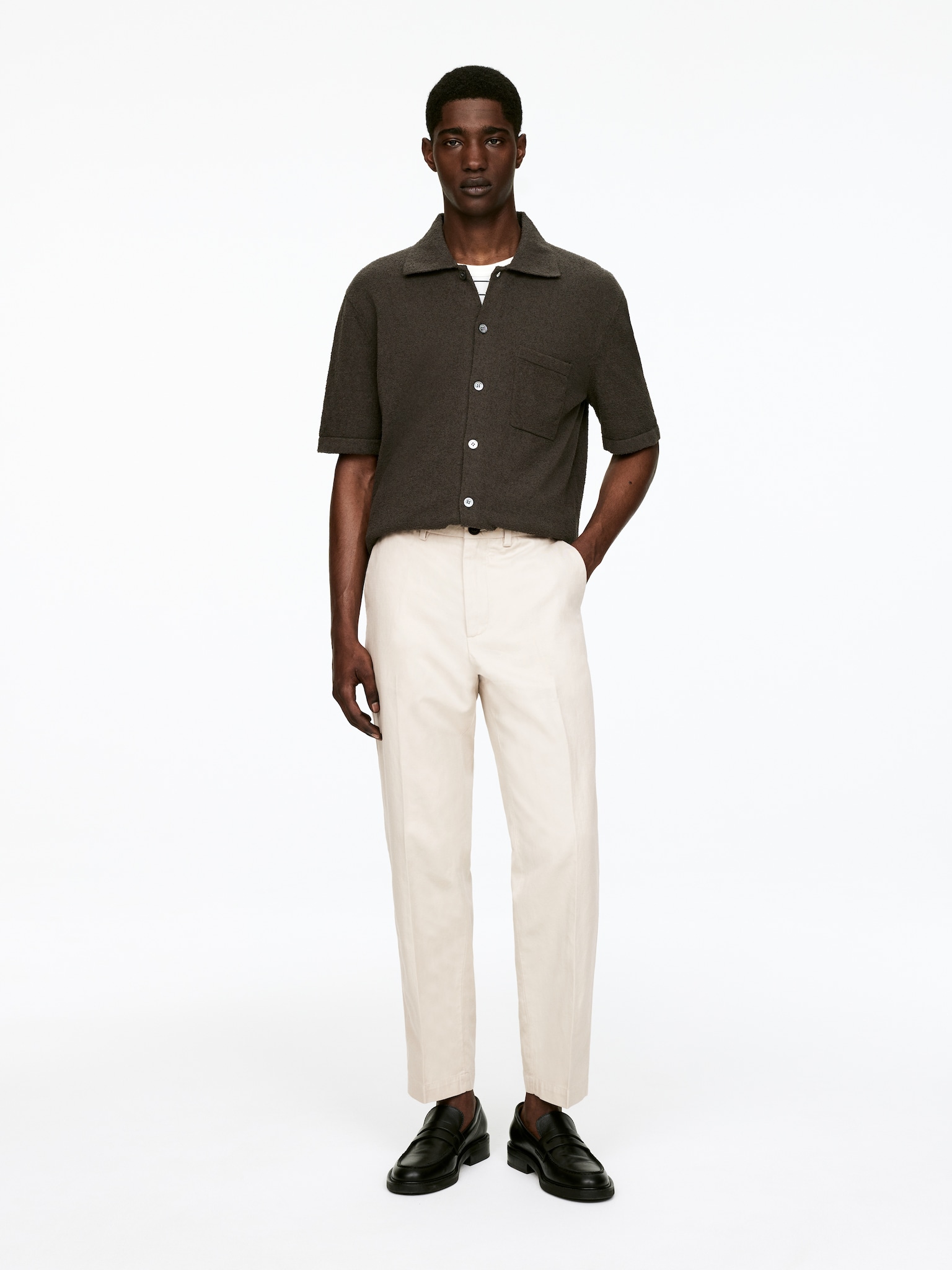 Regular Cropped Cotton-Linen Trousers - Off-White/Dark Blue/Black