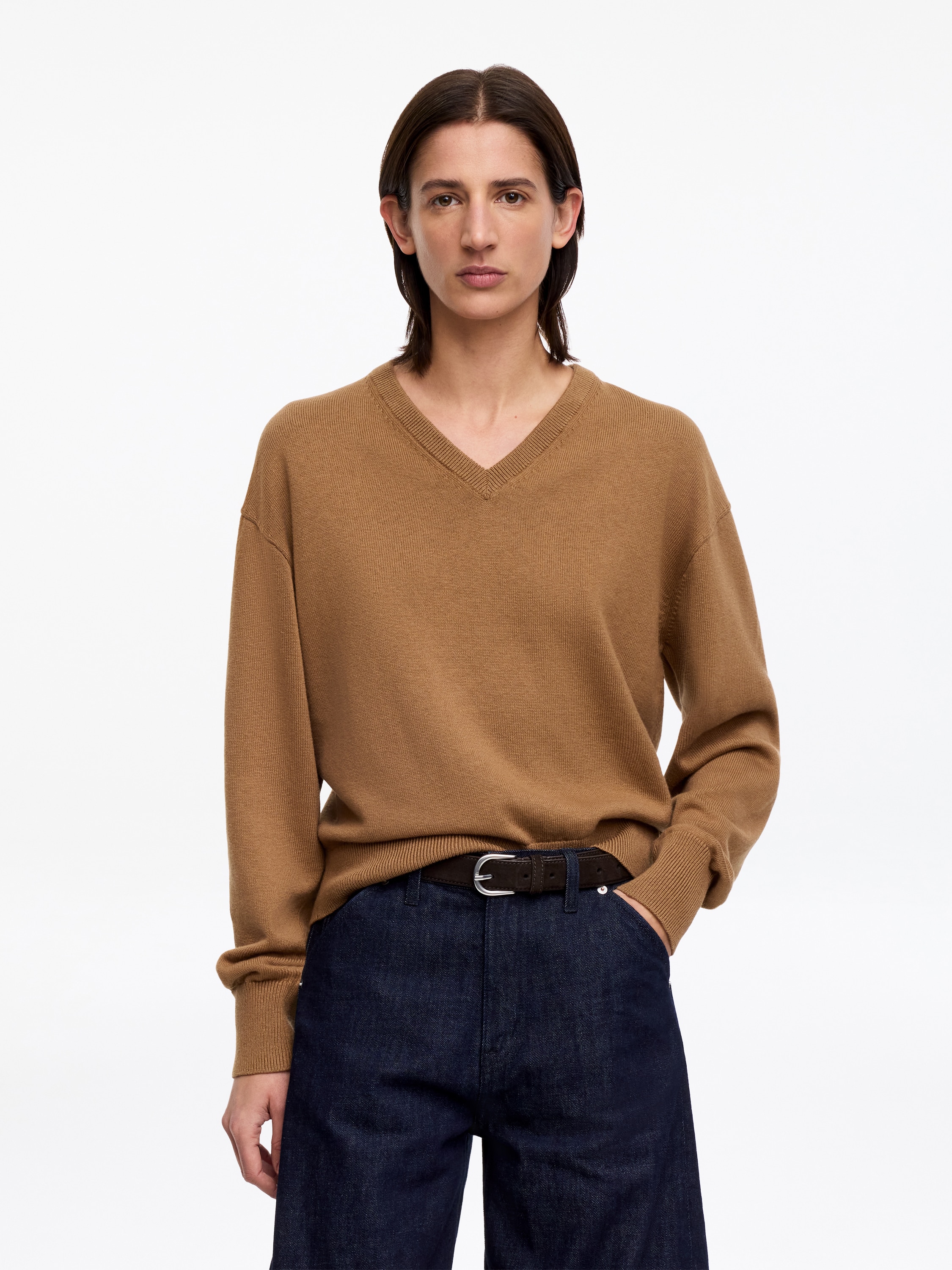 Trui van katoen en wol met V-hals - Bruin/Grijs gemêleerd