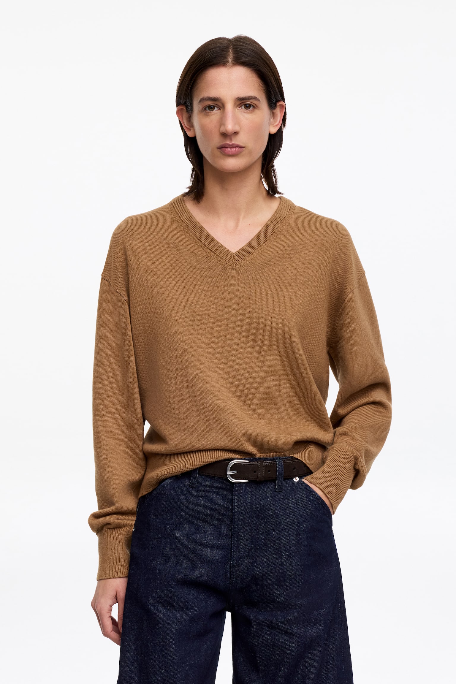 Sveter s výstrihom do V z bavlny a vlny - Hnedá/Sivá melírovaná - 1