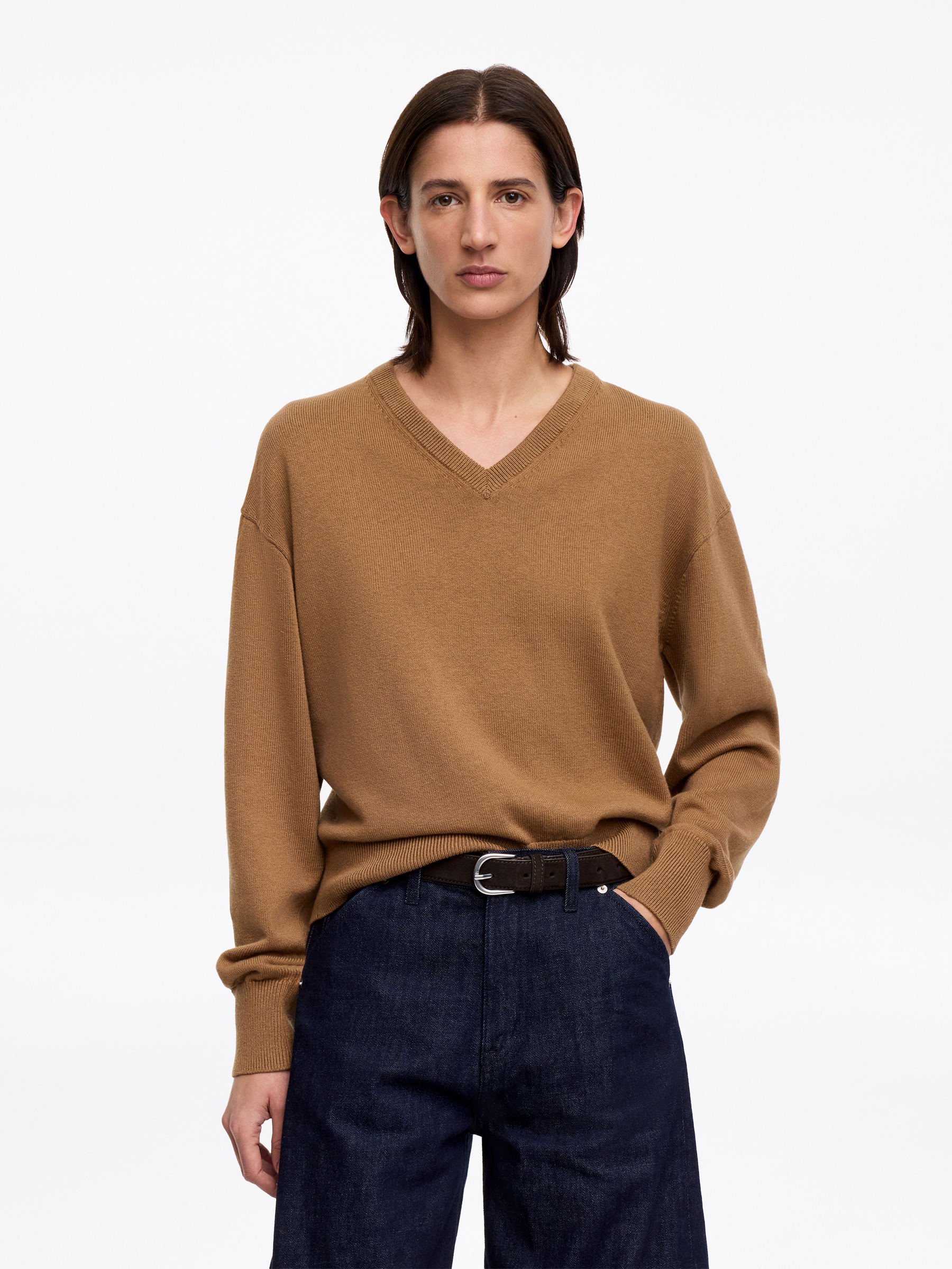 V-ringad tröja i ull och bomull-#8C7053-18311