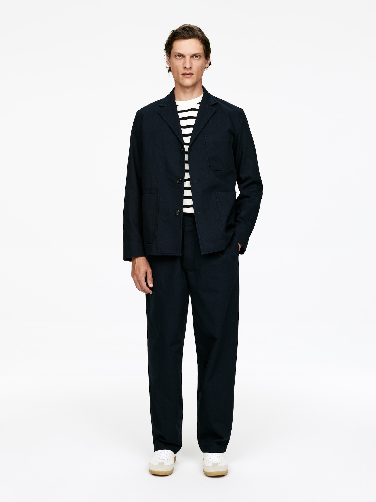 Blazer in cotone e lino - Blu scuro/Bianco