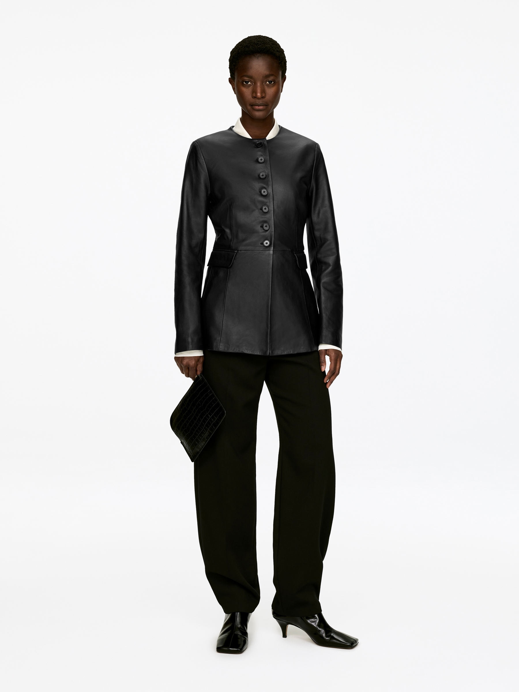 Collarless Leather Blazer-#272627-17292