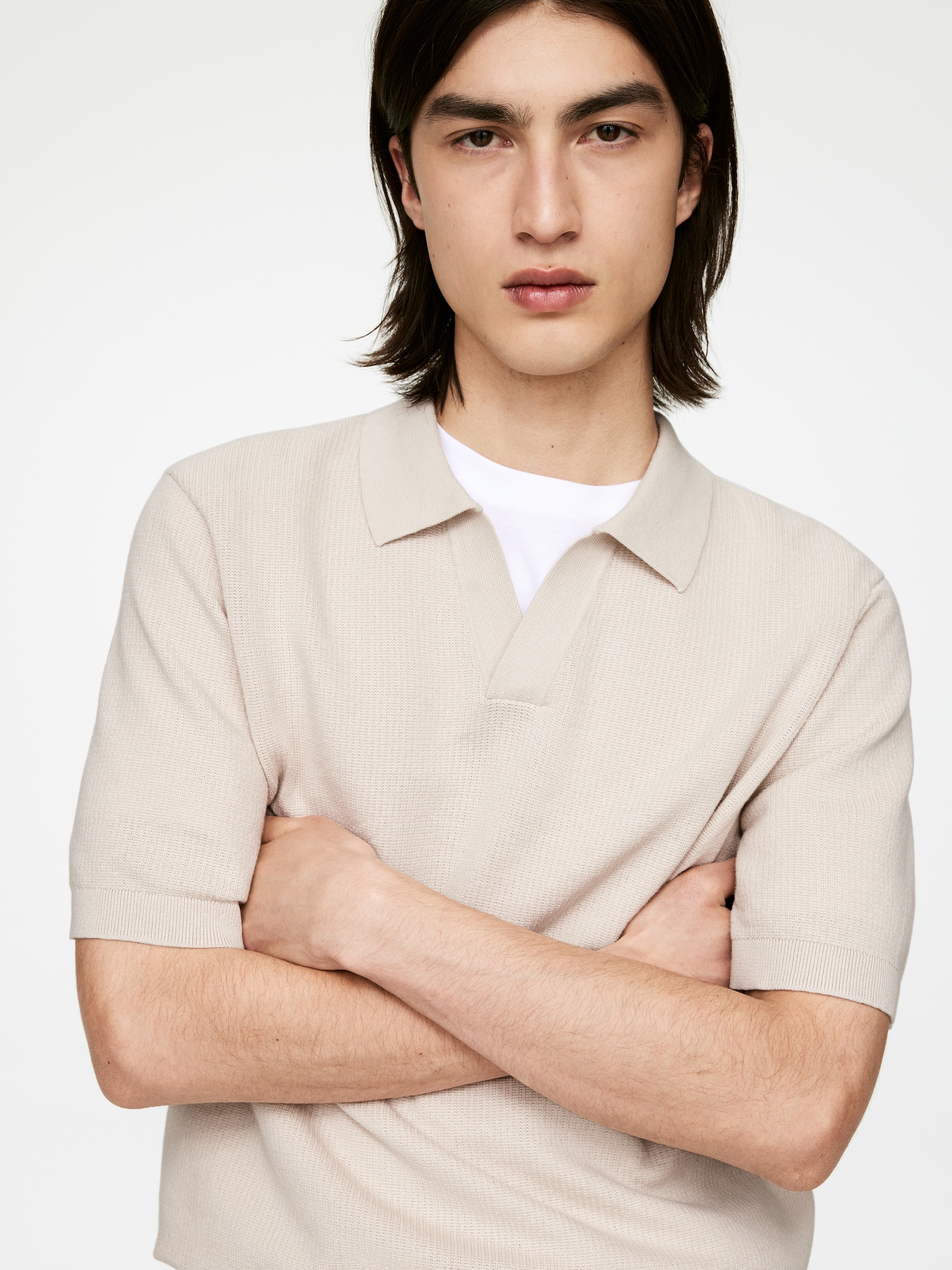 Textured Polo Shirt - Off White/Dark Blue/Light Brown - 3