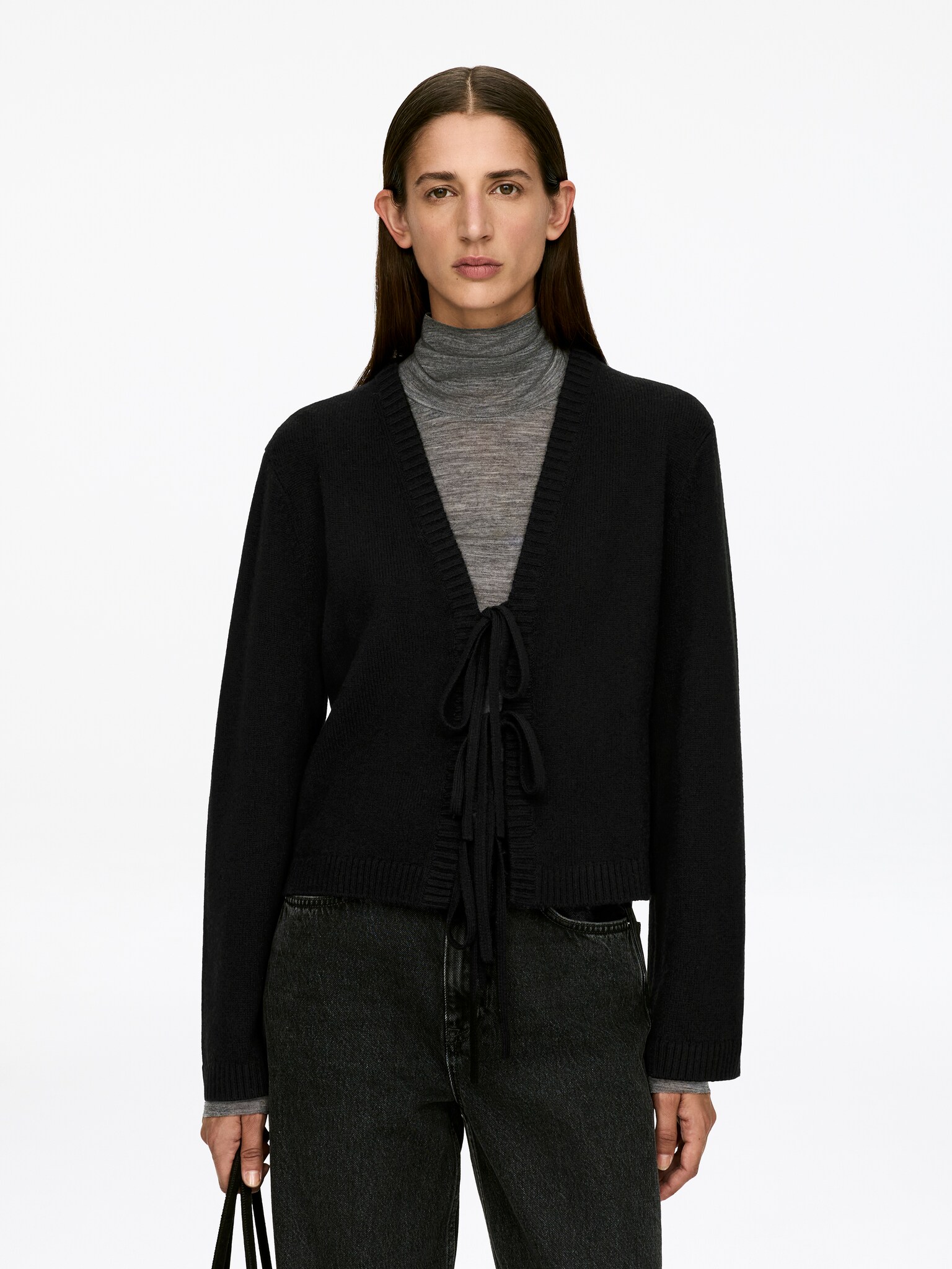 Cardigan en laine noué sur le devant - Noir - 1