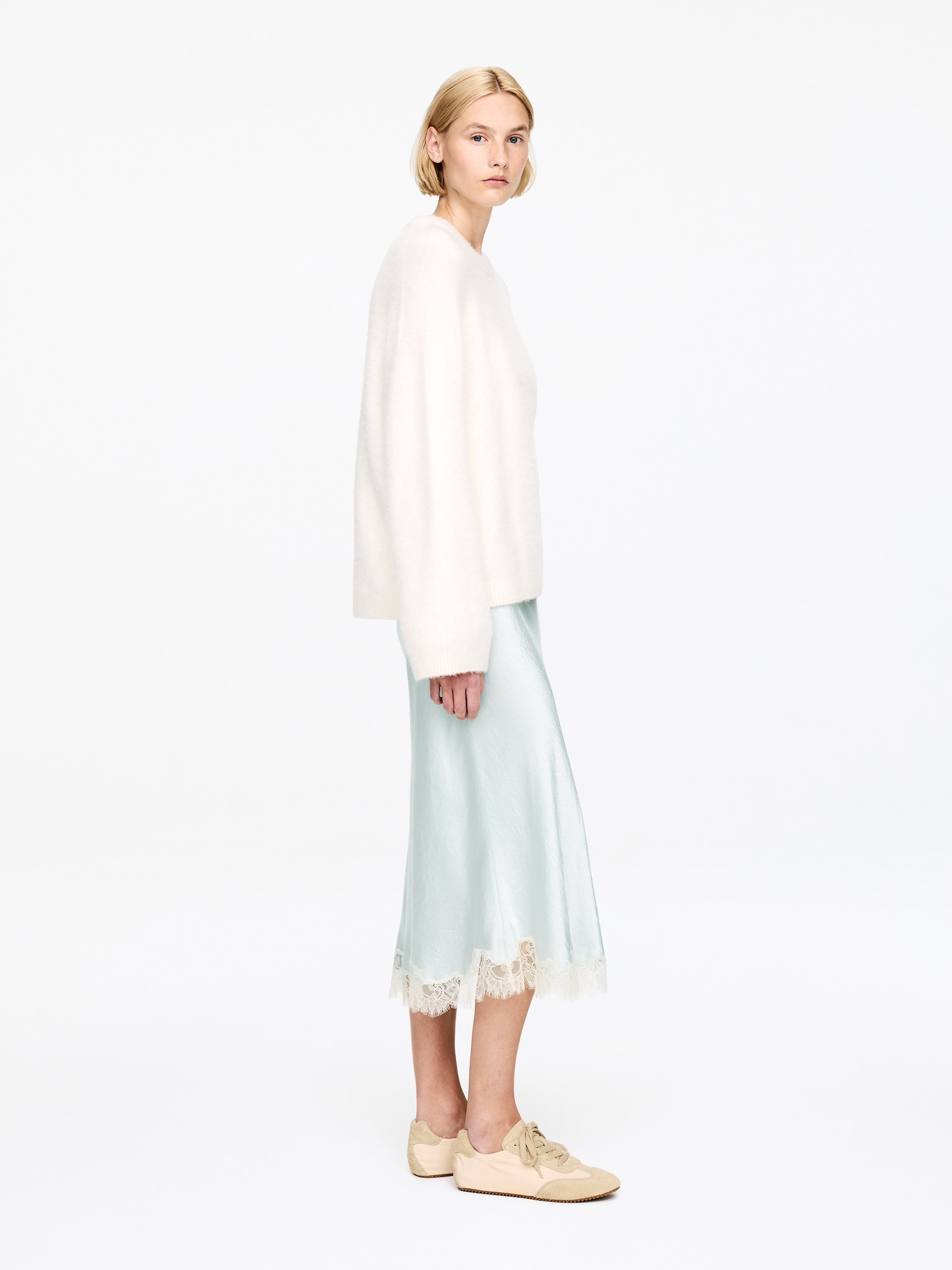 Lace-Detail Satin Skirt - Dusty Turquoise - 7