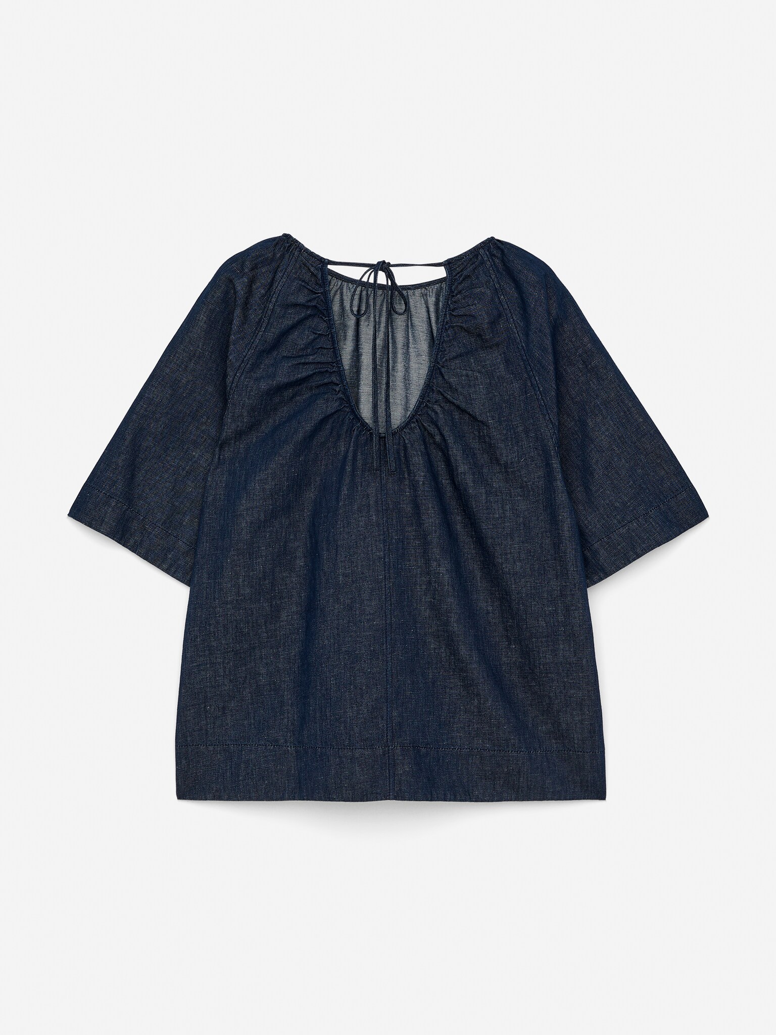 Blusa in denim con arricciature - Blu scuro - 3