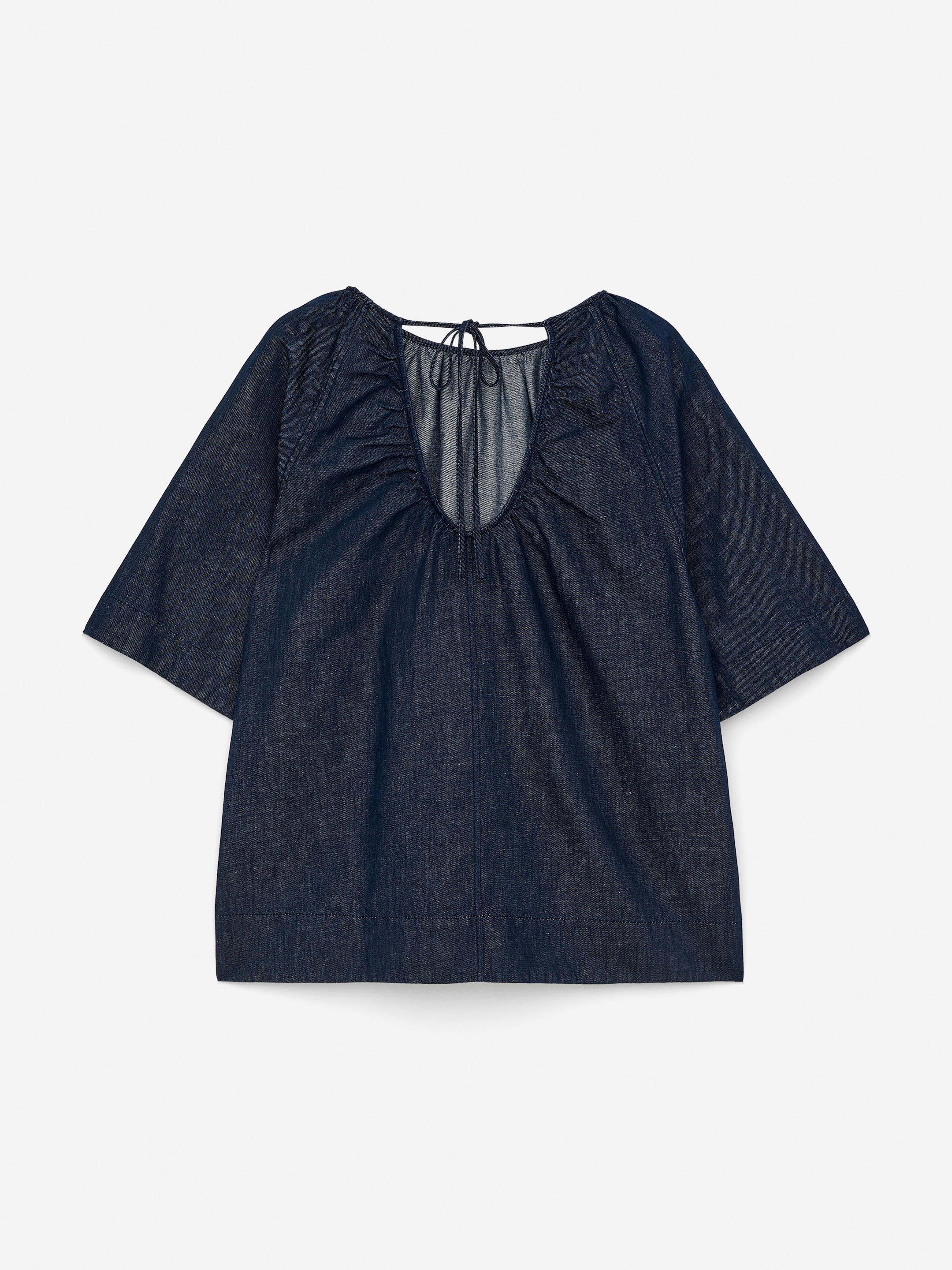 Gathered Denim Blouse - Dark Blue - Loose fit - Women - StillMedia/DescriptiveStillLife - 3