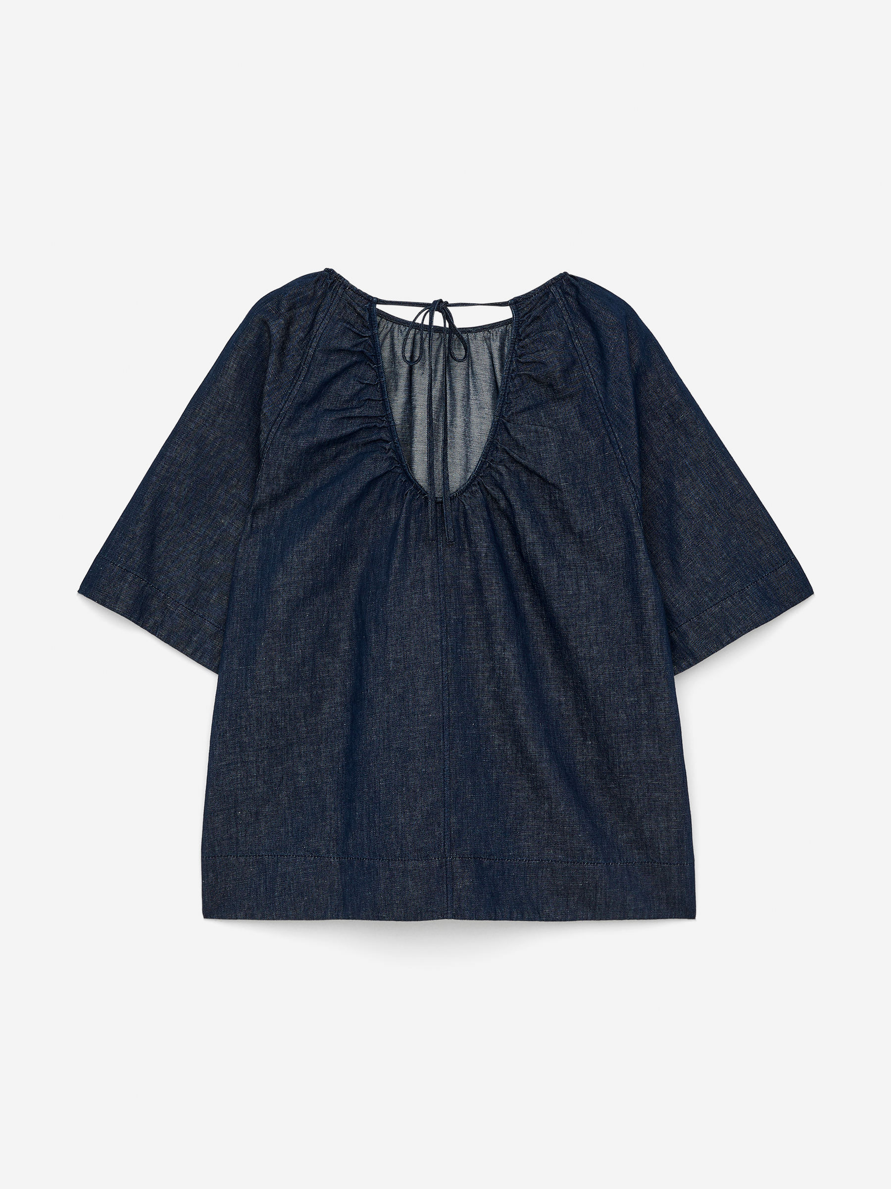 Gathered Denim Blouse - Dark Blue - Loose fit - Women - StillMedia/DescriptiveStillLife - 3