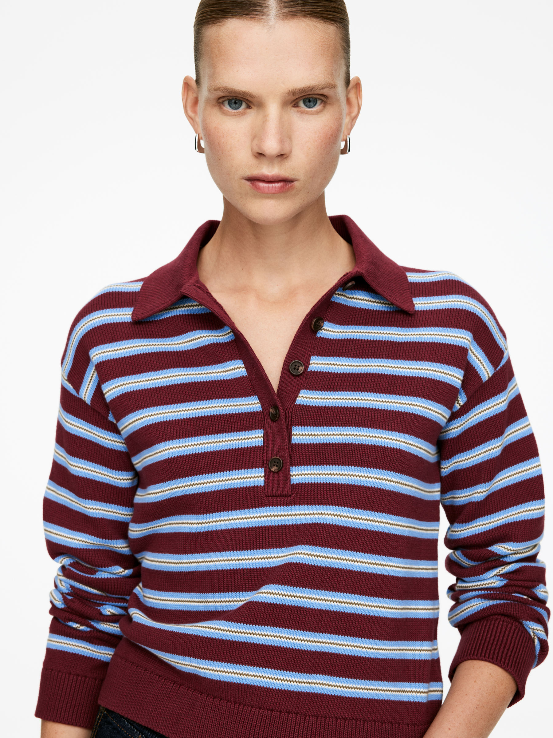 Knitted Polo Shirt - Burgundy/Blue - Regular fit - Women - StillMedia/Lookbook - 5