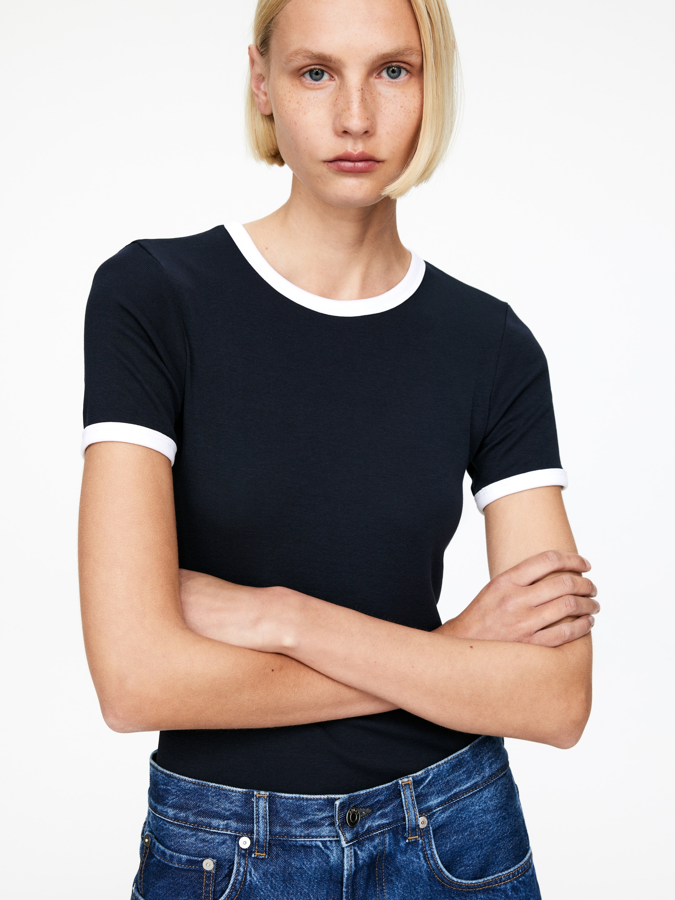 Zobrazit větší obrázek: Tričko s žebrováním - Tmavě modrá/bílá - ŽENY | H&M CZ 4