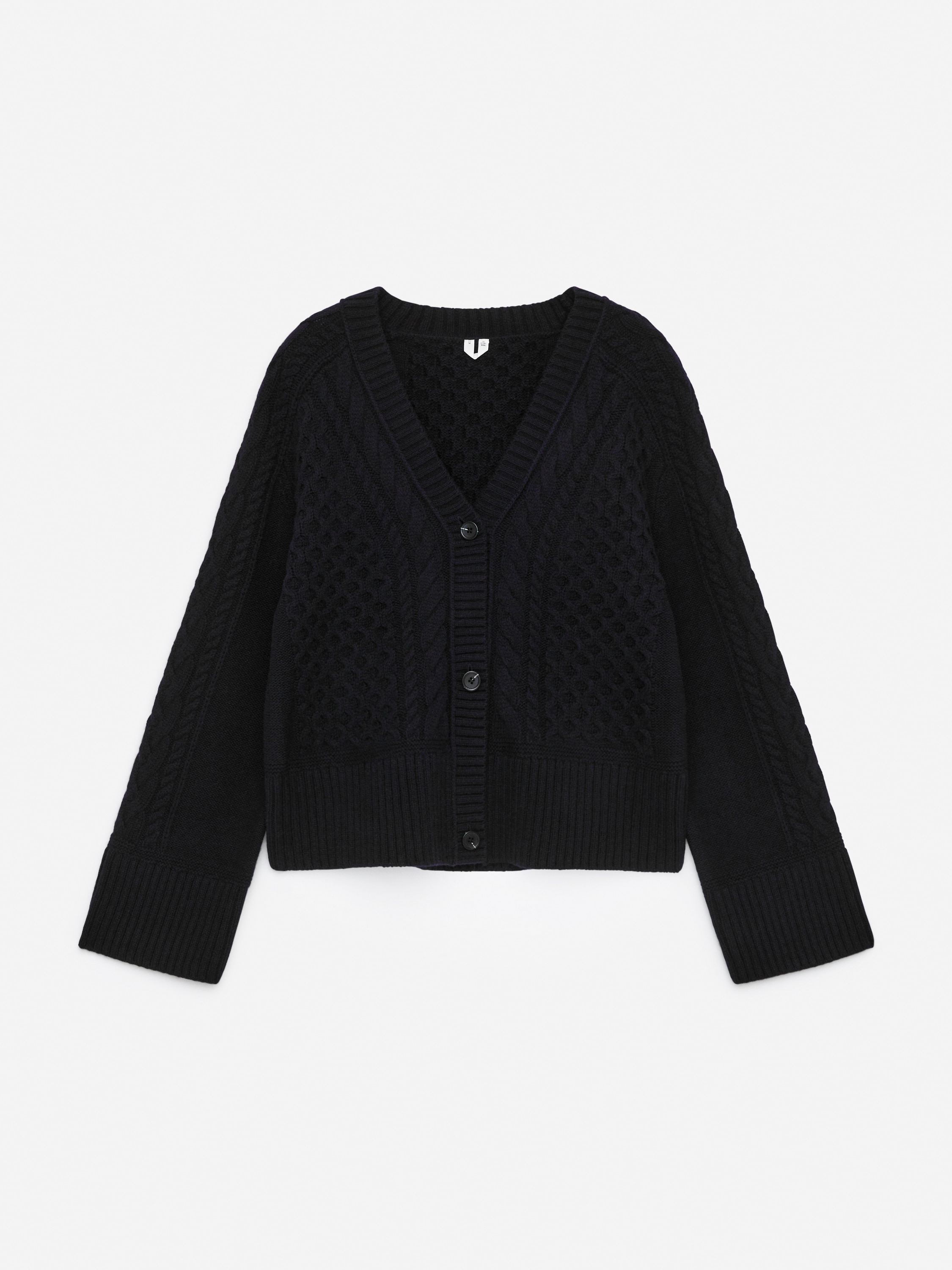 Wełniany kardigan o warkoczowym splocie - Ciemnoniebieski/Złamana biel