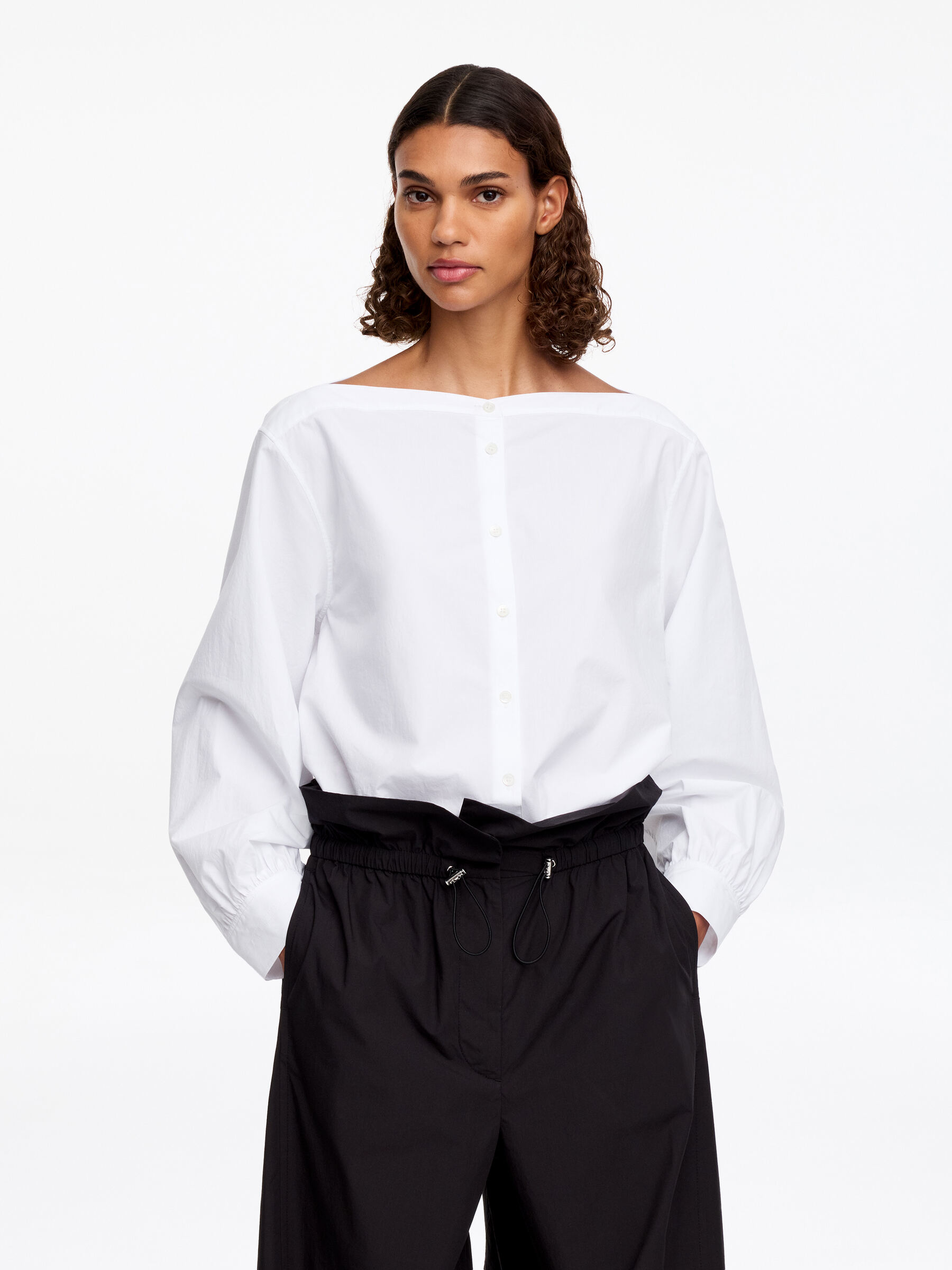 Boat-Neck Cotton Blouse-#FFFFFF-19284