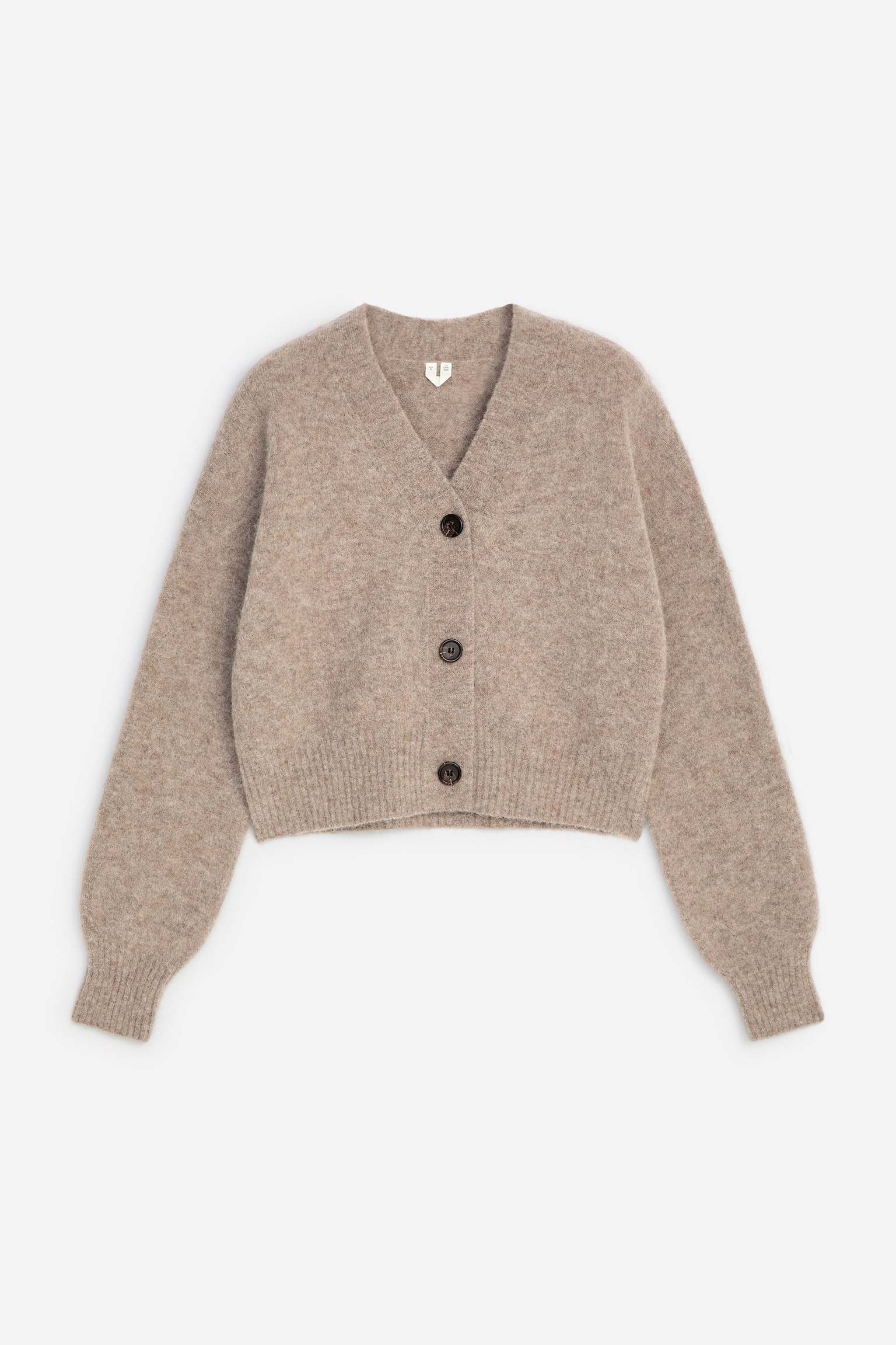 A light brown fuzzy knit cardigan is showcased at the front, featuring a V-neck and three dark brown buttons. It is crafted with long sleeves ending in ribbed cuffs and a ribbed bottom hem.