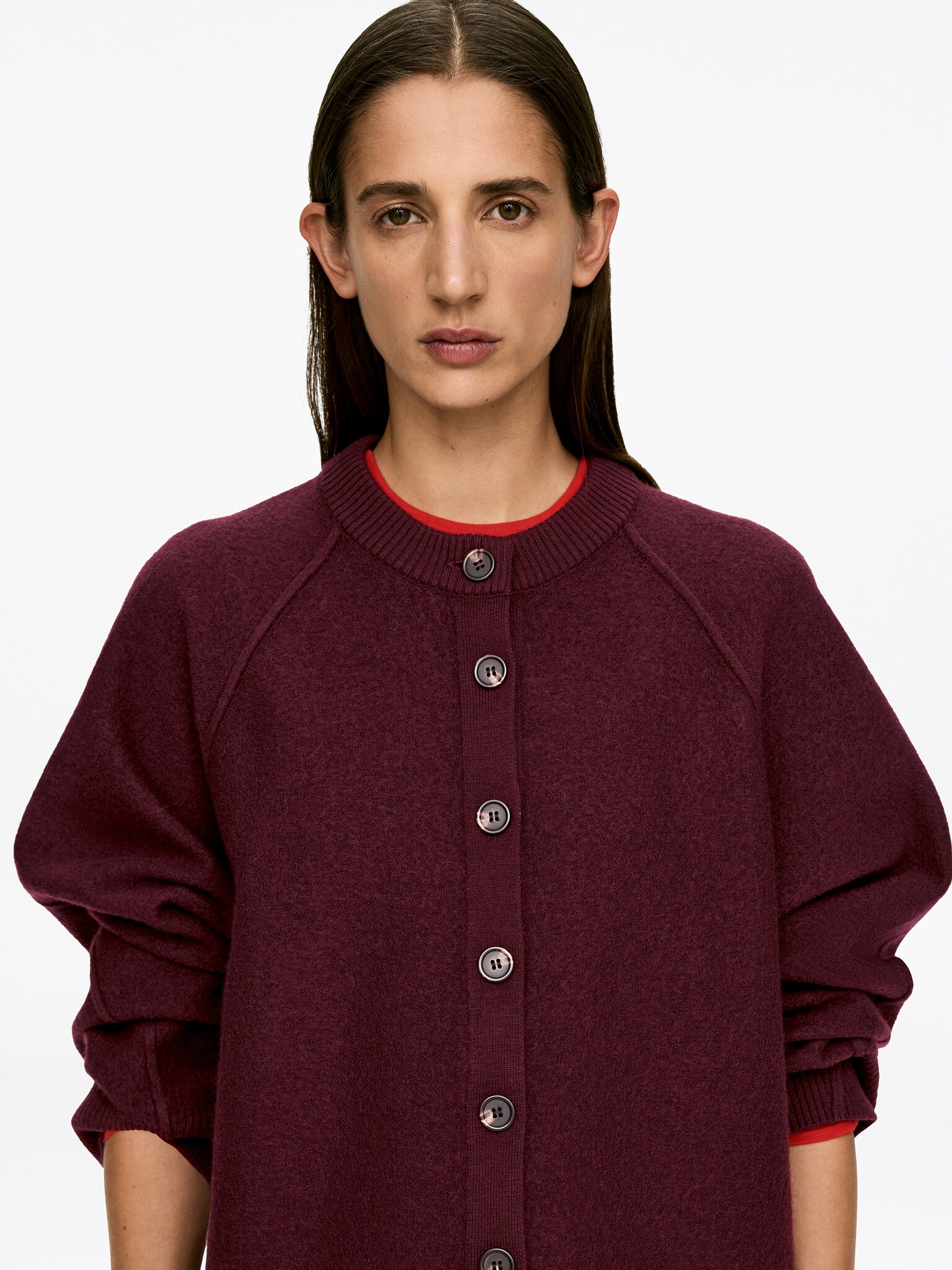 Boiled Wool Cardigan - Burgundy/Black - 6