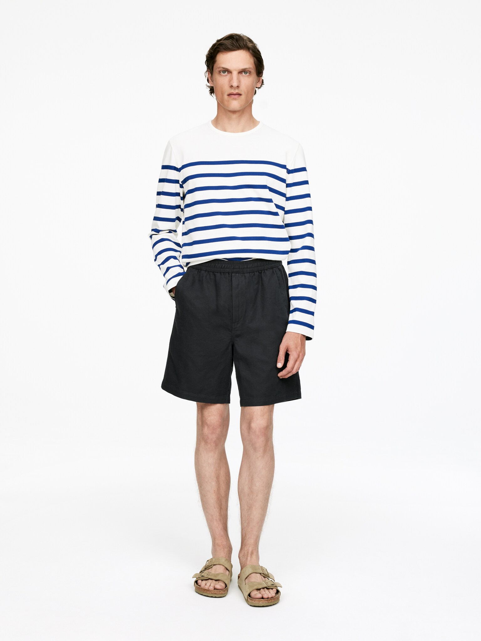 Short en coton et lin avec cordon de serrage - Bleu foncé/Beige clair/Vert - 1