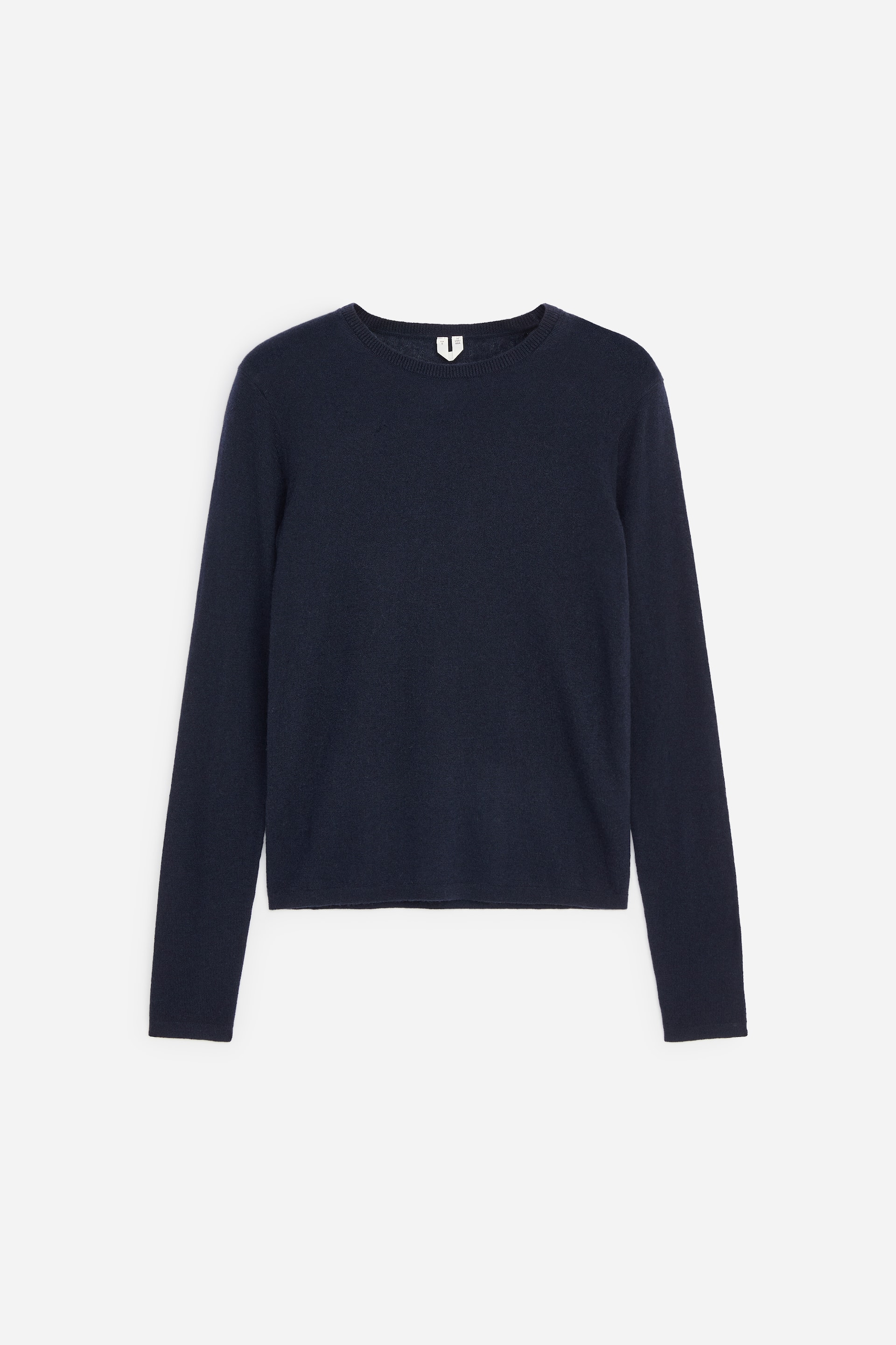View larger image: A dark blue fine-knit jumper is being presented from the front, featuring a crew neck, ribbed trims at the neck, cuffs, and hem, and a regular fit.