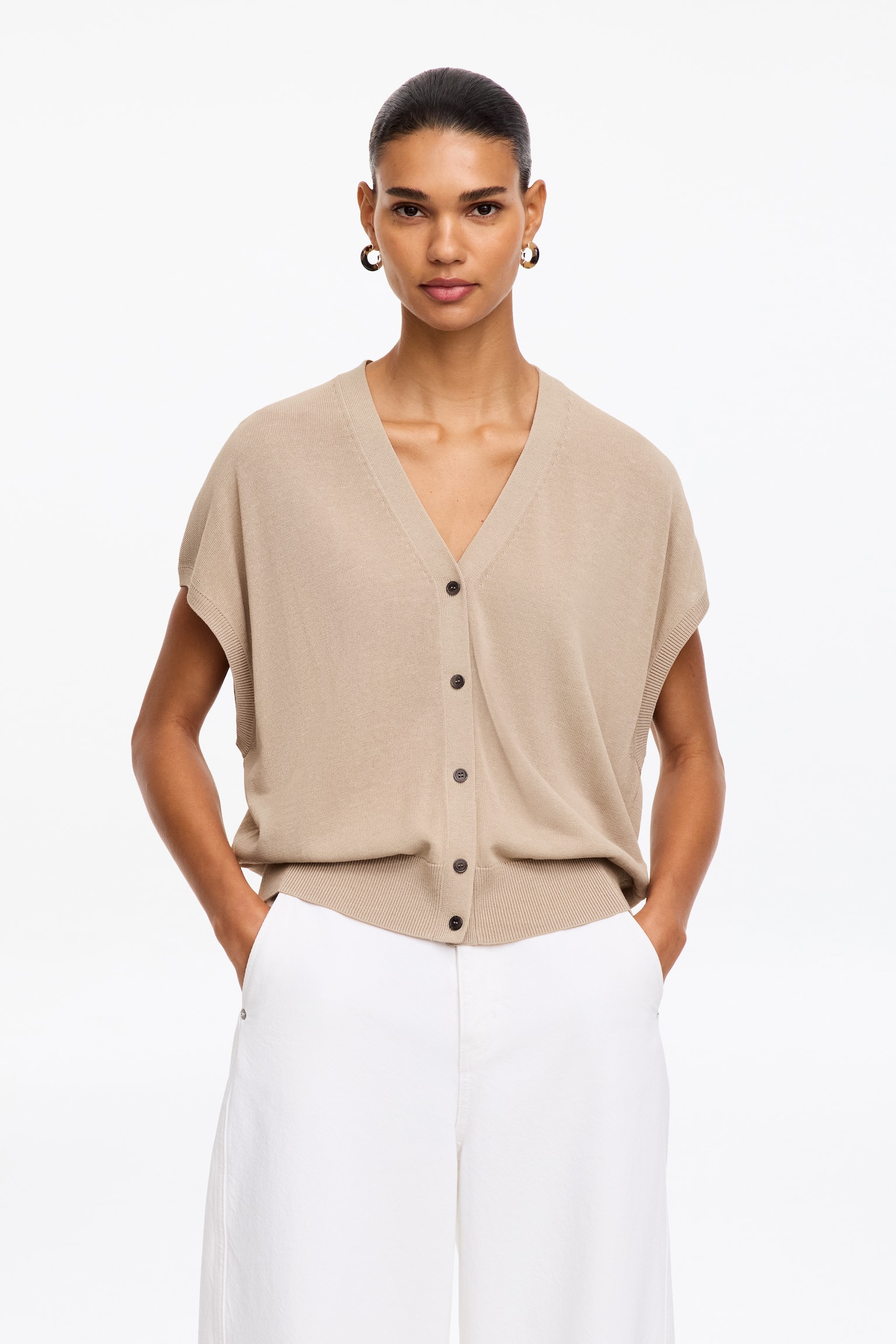 Knitted Vest - Beige/Black - 1