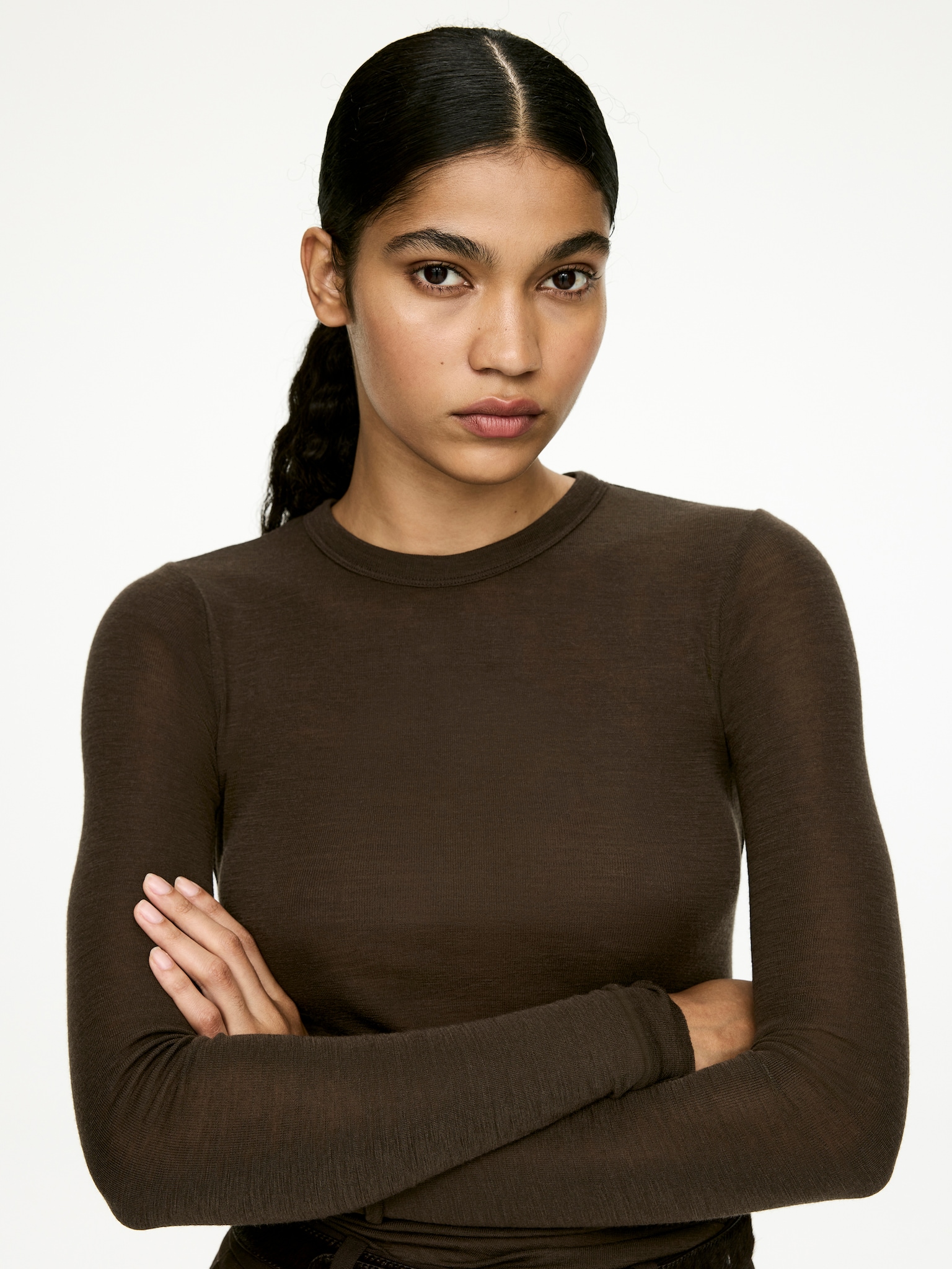 Long-Sleeved Merino Top - Dark Brown/Dark Mustard/Dark Grey Melange/Black - 6
