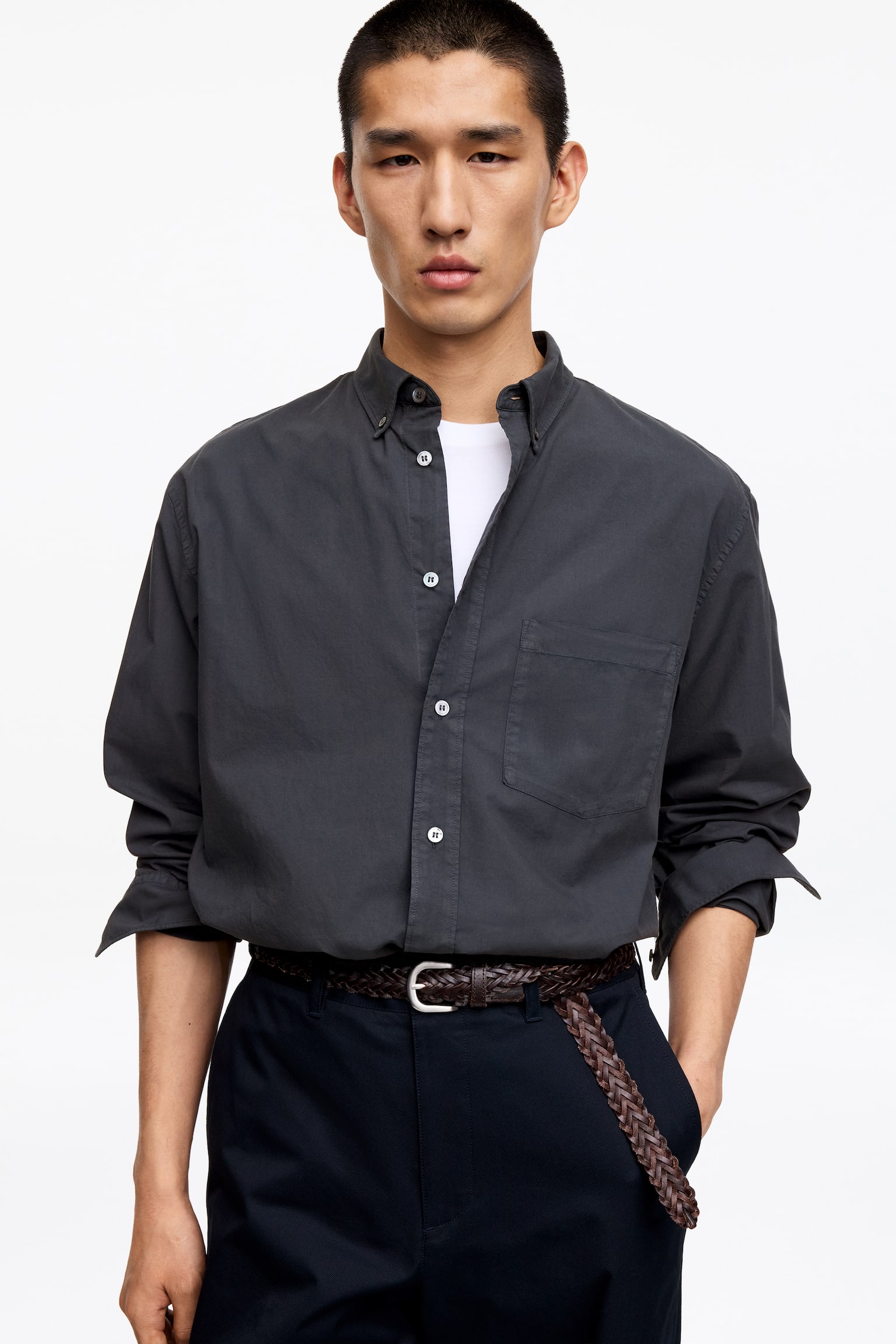 Ruimvallend overhemd van popeline - Donkerblauw/grijs/Beige/Middenblauw - 6