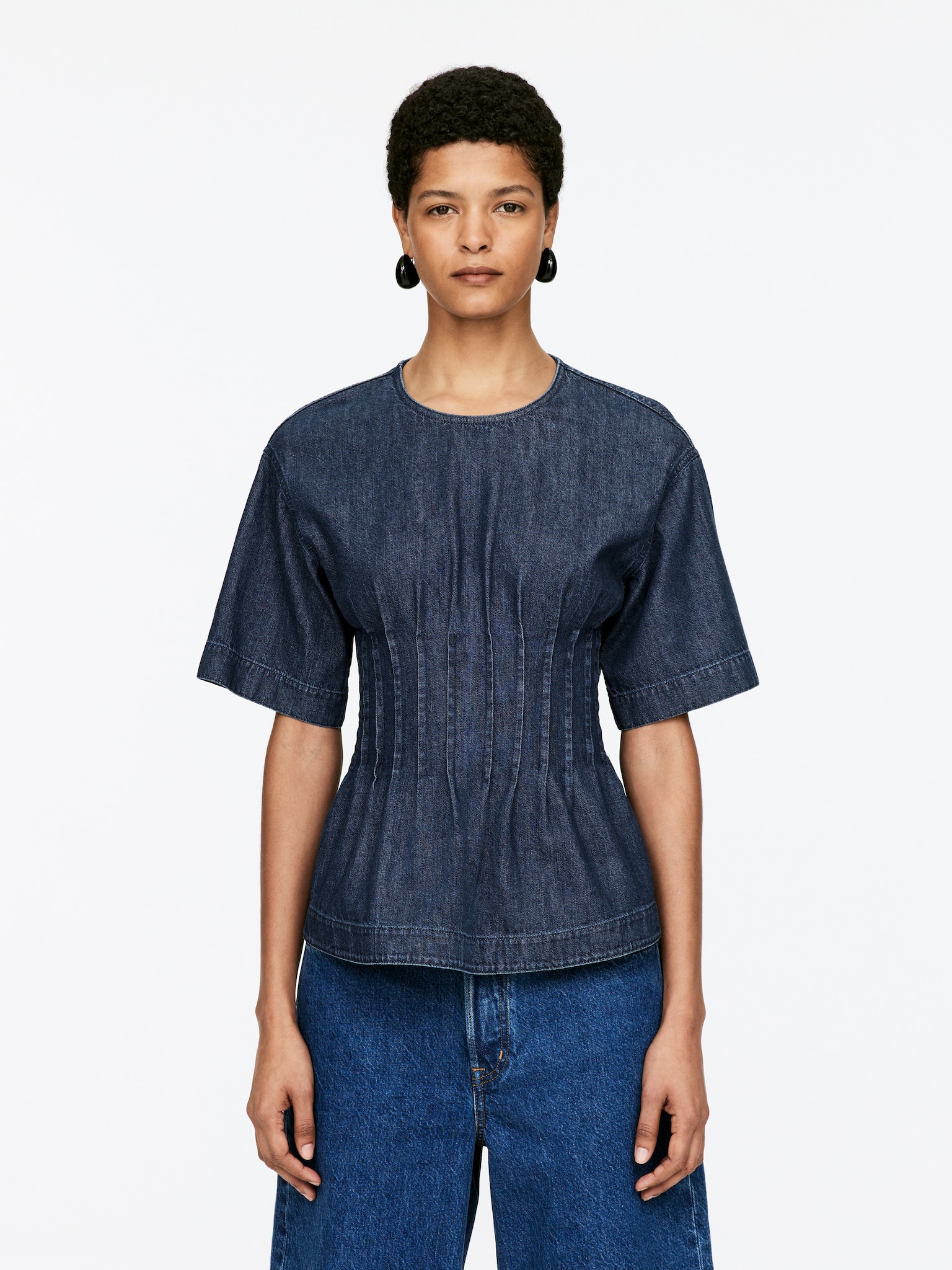 Top denim plisado - Azul oscuro