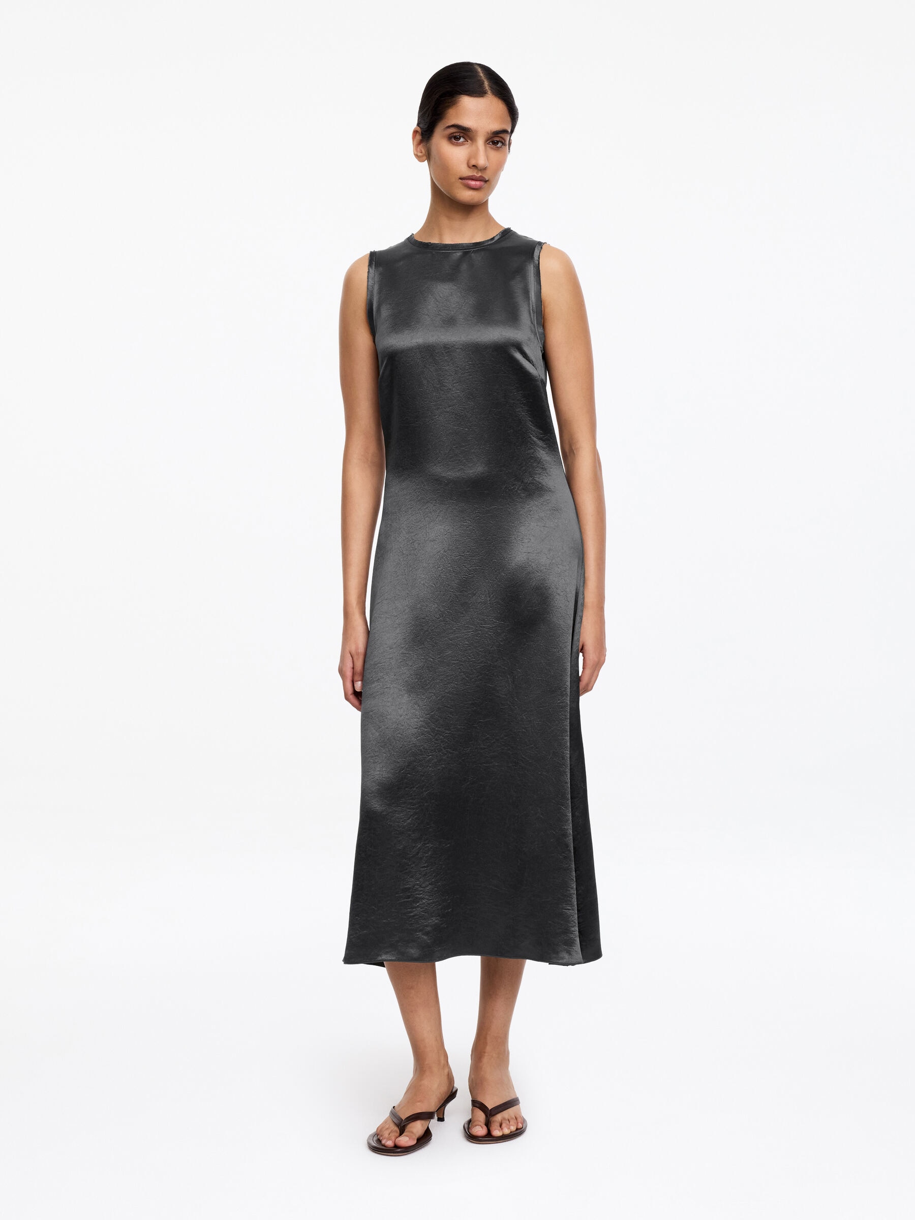 Crushed Satin Midi Dress-#494A4F-18773