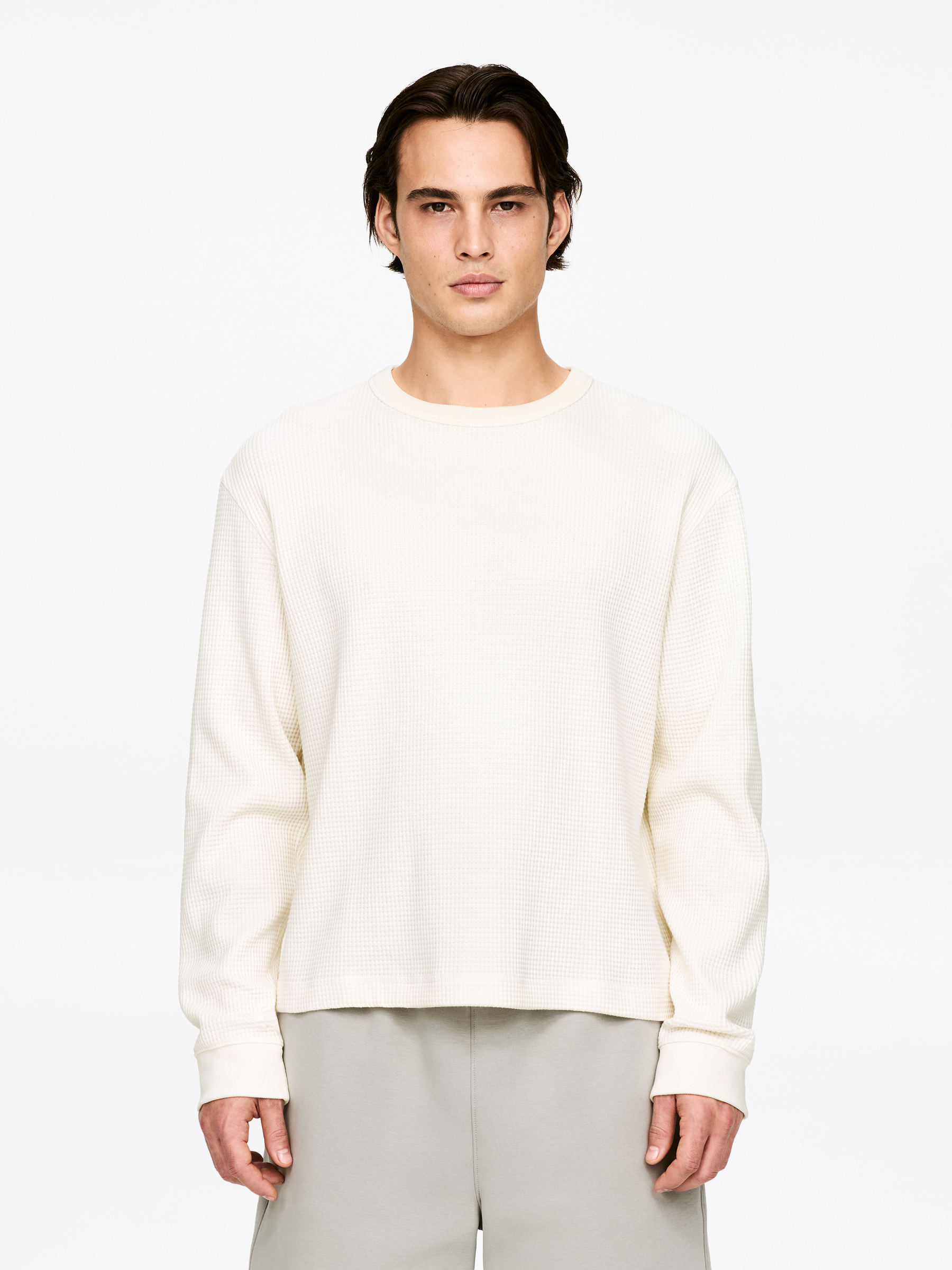Långärmad våfflad t-shirt-#F4F3E9-17710
