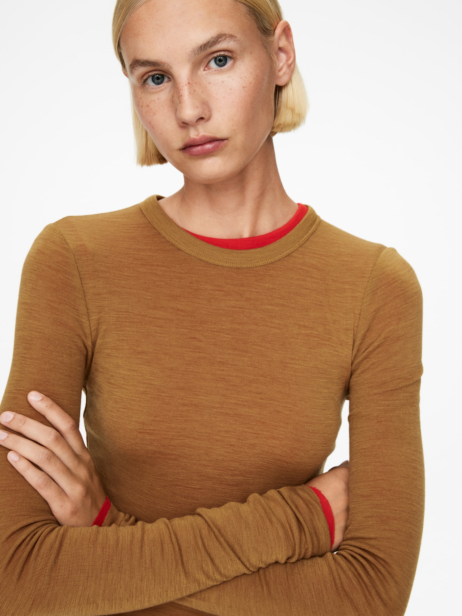 Maglia in lana merino a maniche lunghe - Senape scuro/Nero/Grigio scuro mélange/Marrone scuro - 5