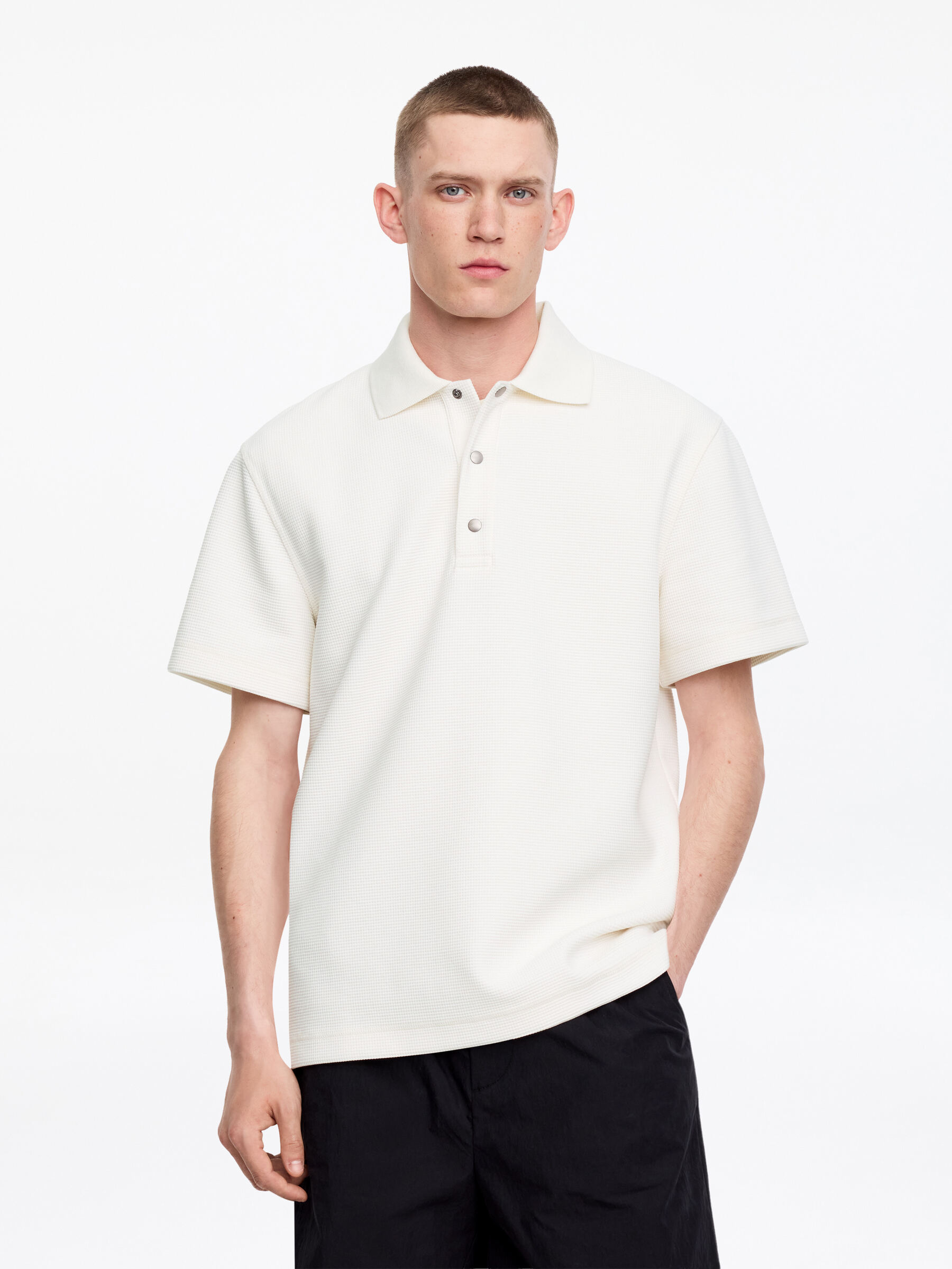 Waffled Polo Shirt-#F4F3E9-18930