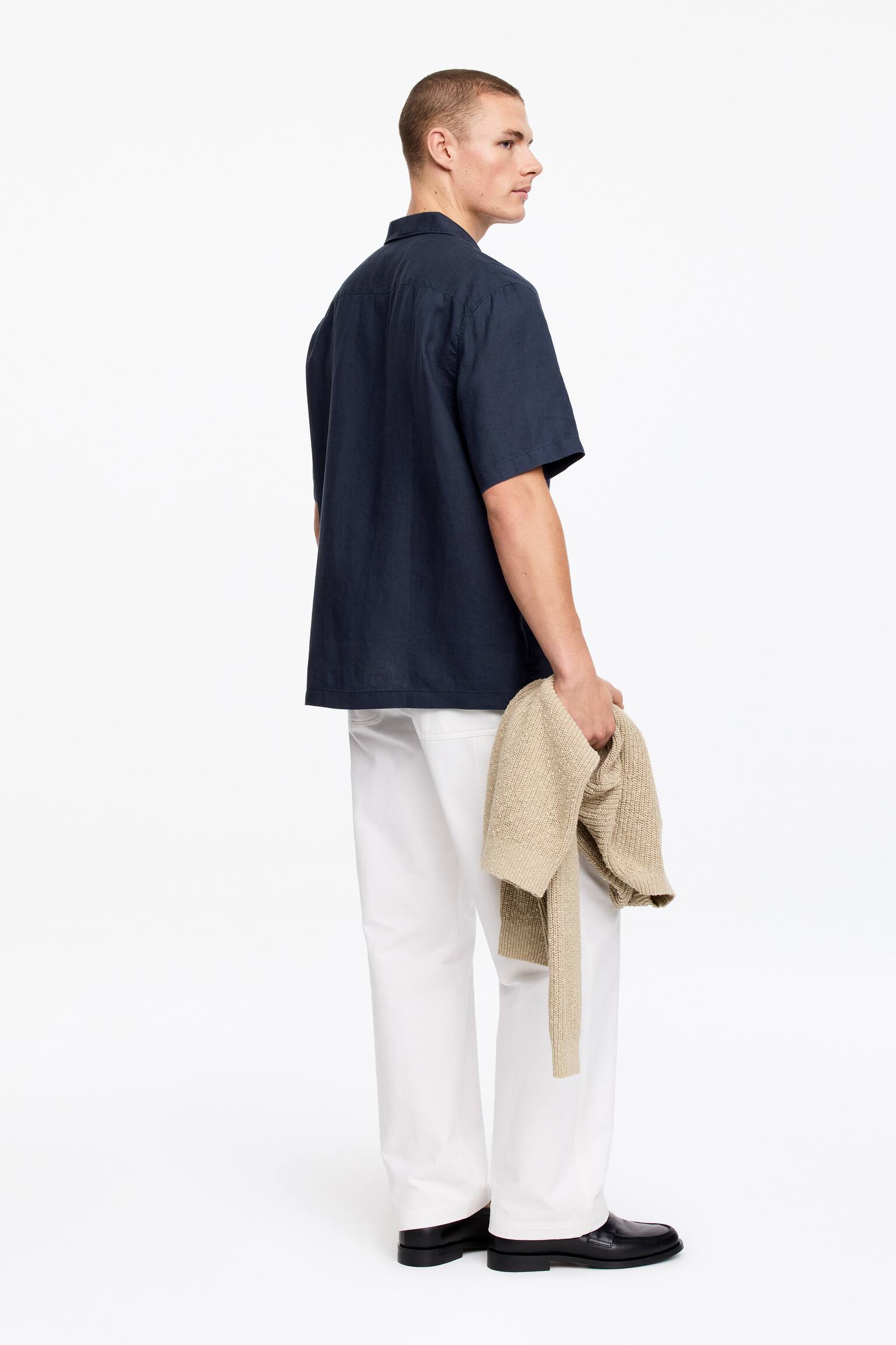 Resortskjorta i linne - Mörkblå/Vit/Brun - 3
