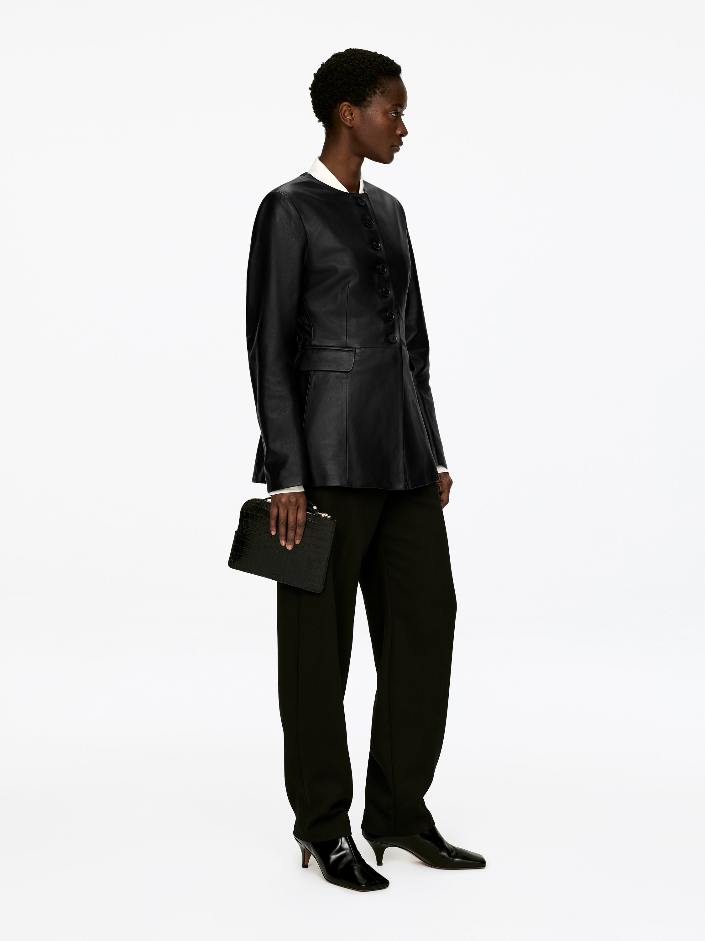 Collarless Leather Blazer - Black - Slim fit - Women - StillMedia/Lookbook - 6