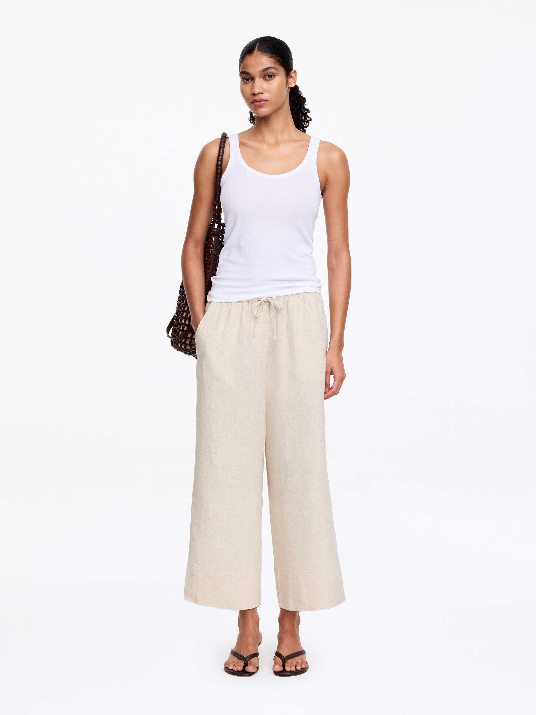 Cropped Linen Trousers-#D0C2AA-15868