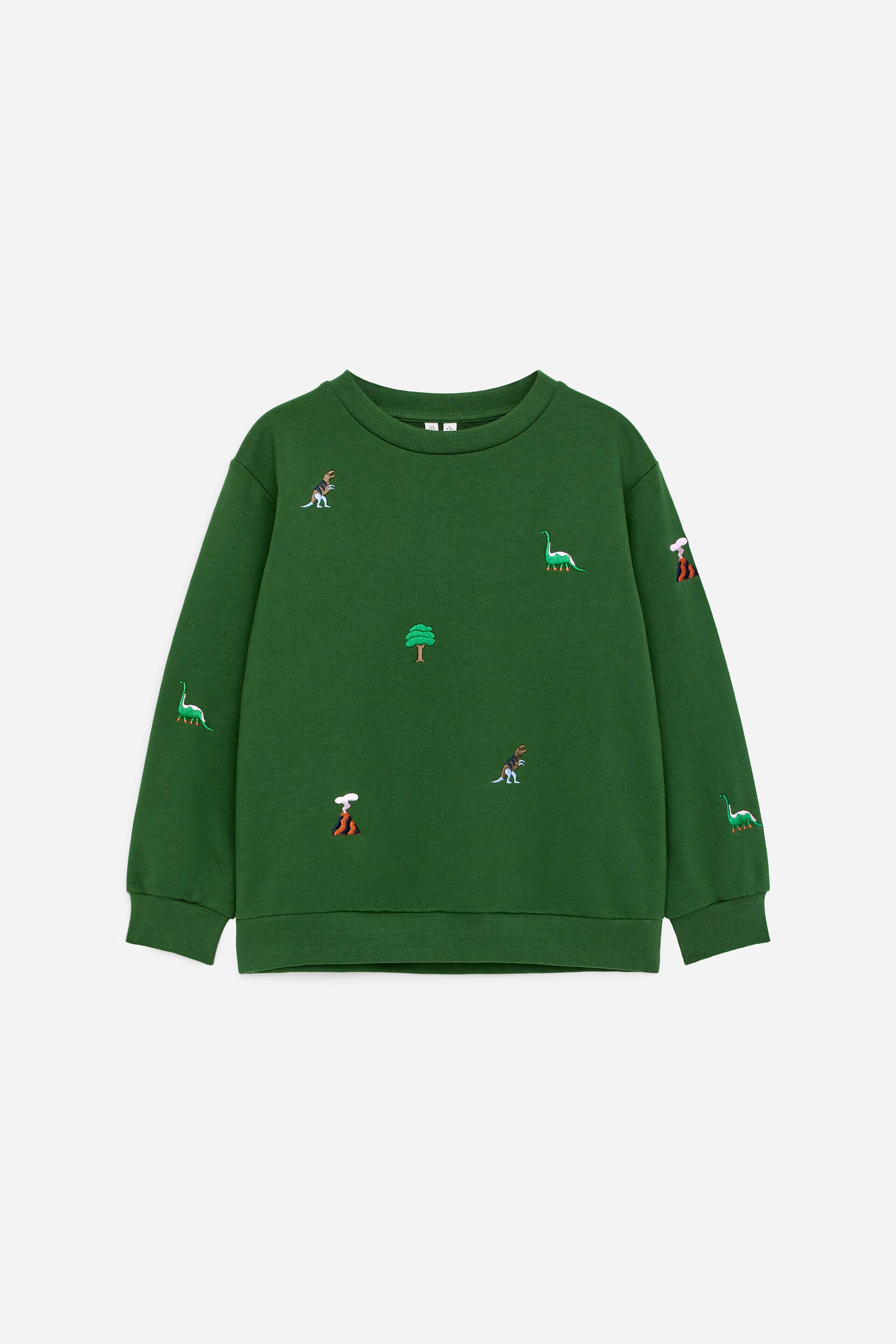 Ver imagem maior: Uma sweatshirt verde apresenta a sua parte frontal, com um corte descontraído, ombros caídos e acabamentos canelados no pescoço, punhos e bainha. A sua superfície é adornada com motivos bordados dispersos que representam vários dinossauros, árvores e vulcões.