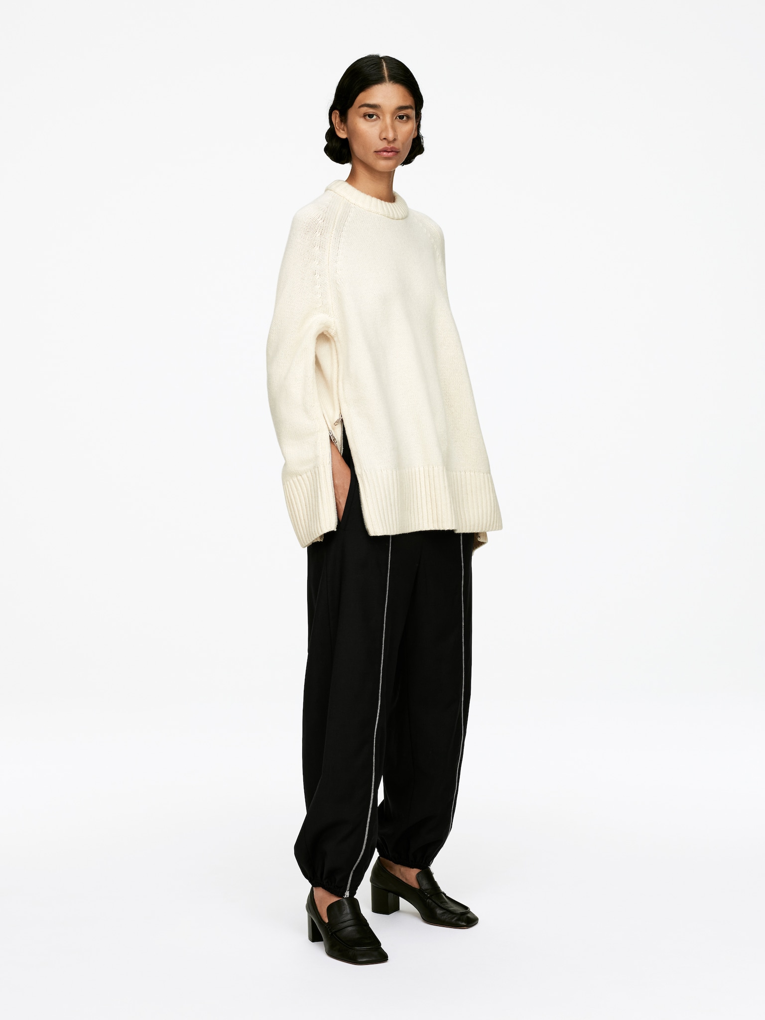 Pull en laine avec fermetures zippées - Blanc cassé - 3
