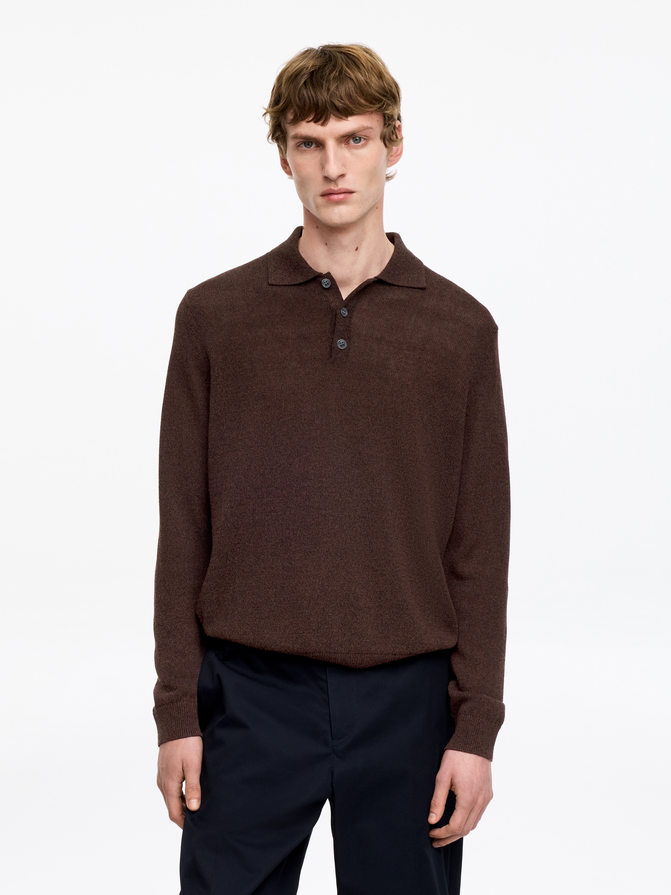 Poloshirt aus Leinenmischung - Braun meliert/Dunkelblau